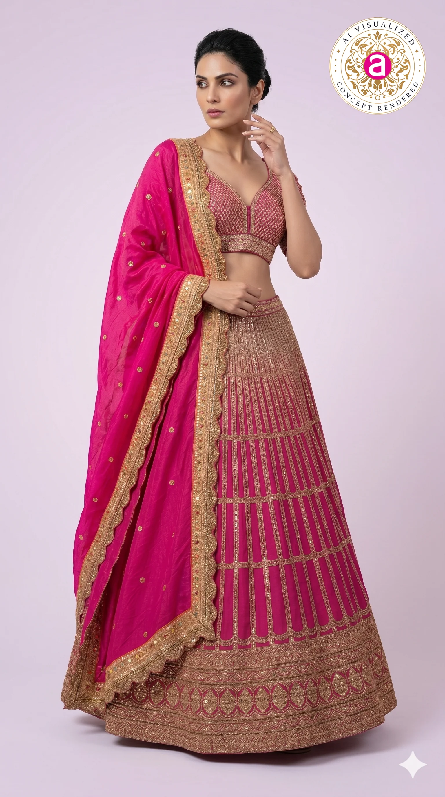 Rani Pink Embroidered Lehenga Choli with Zari Work & Dupatta - Image 3