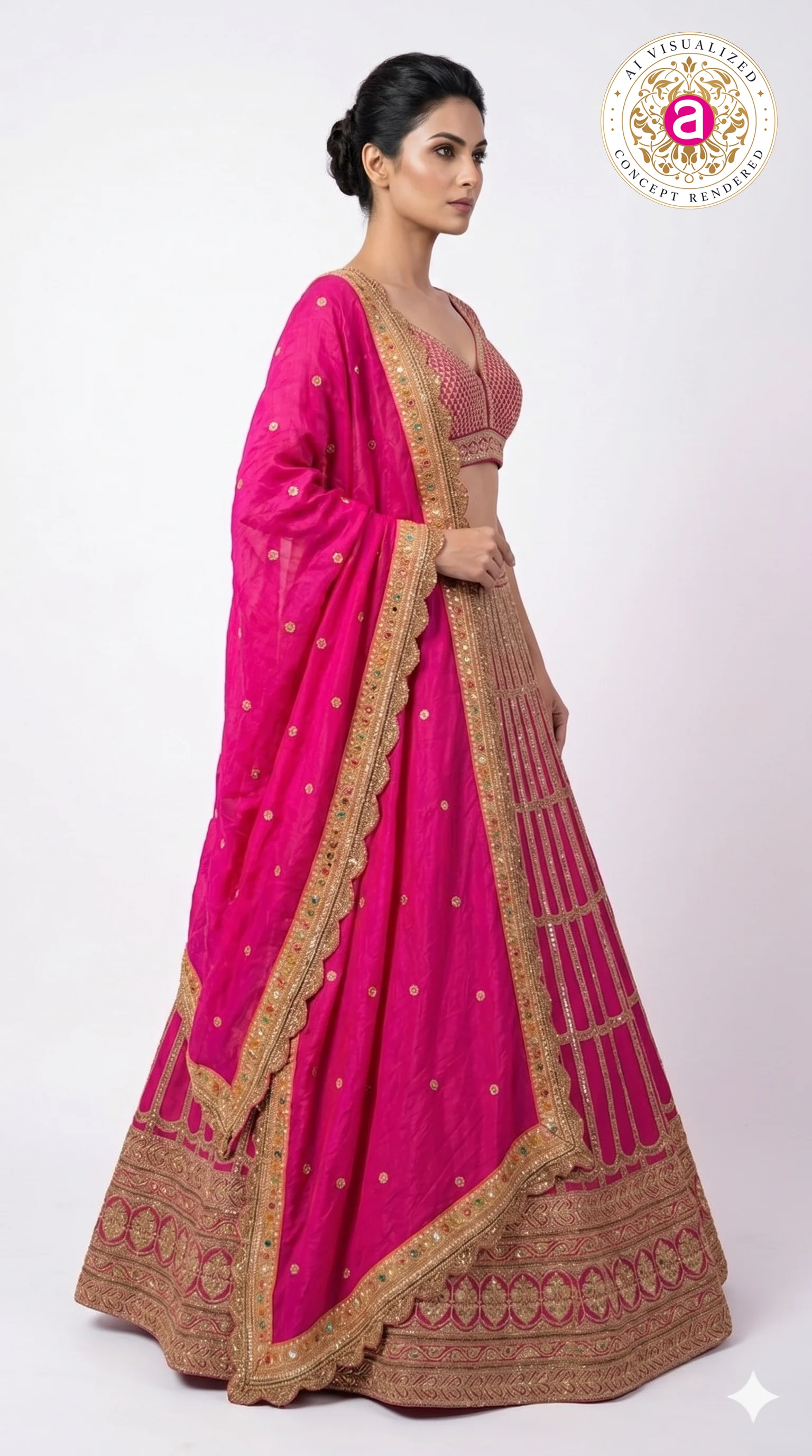 Rani Pink Embroidered Lehenga Choli with Zari Work & Dupatta - Image 4