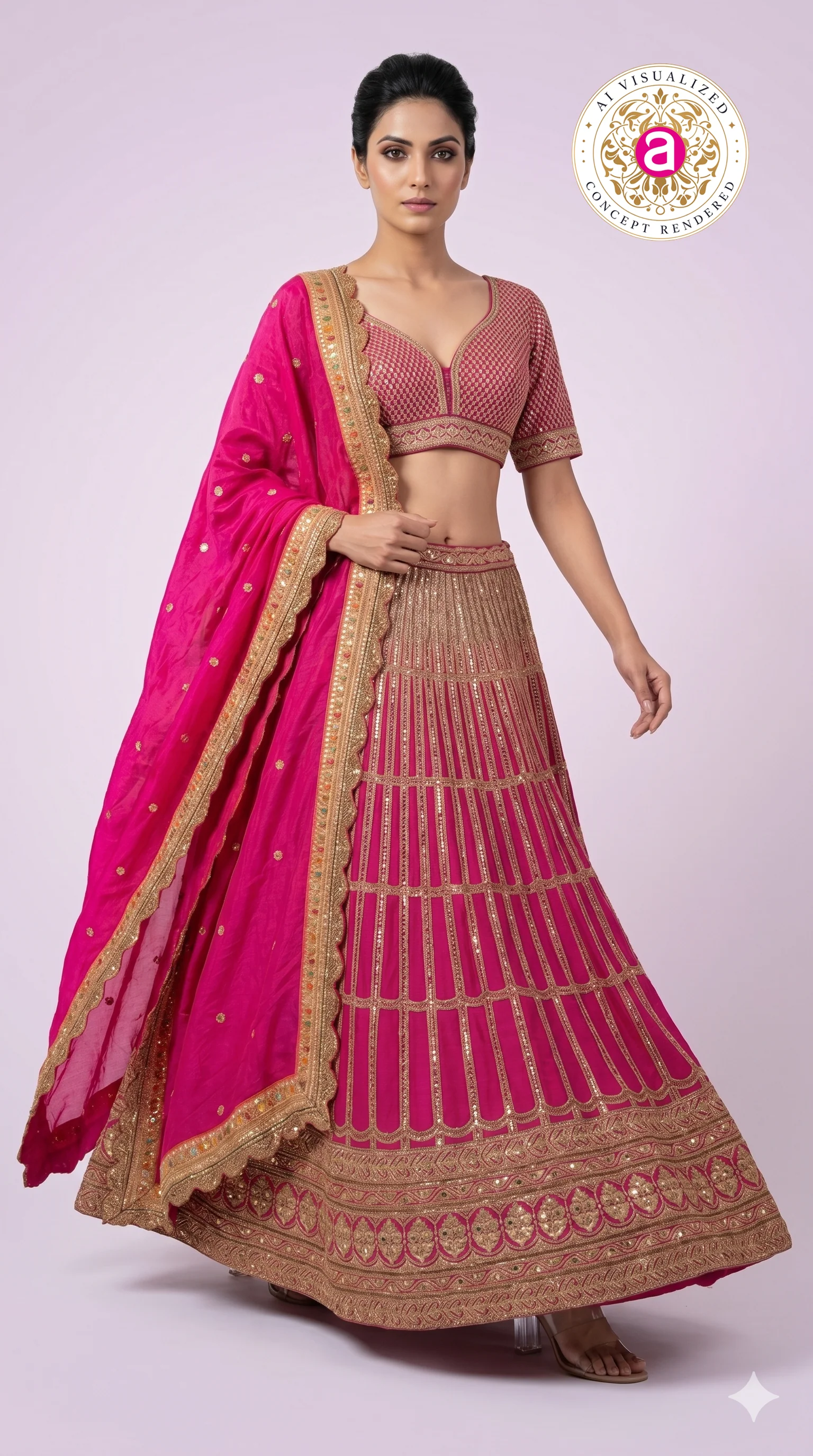 Rani Pink Embroidered Lehenga Choli with Zari Work & Dupatta - Image 5