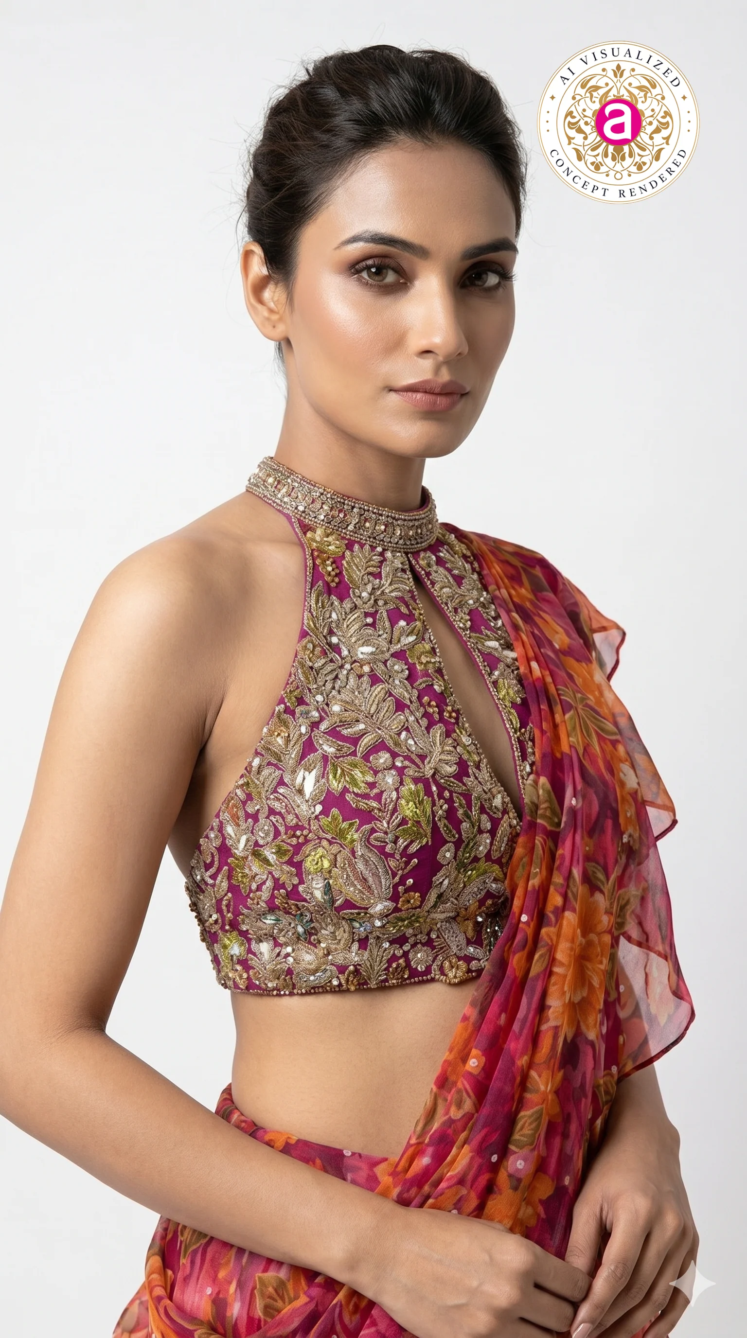 Rani Pink Floral Ready-to-Wear Saree with Ruffle Draping & Embroidered Halter Blouse - Image 2
