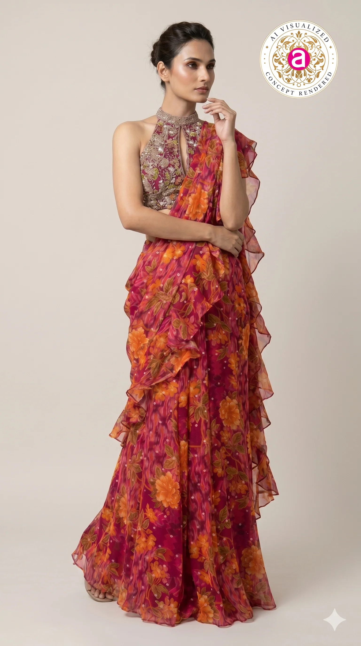 Rani Pink Floral Ready-to-Wear Saree with Ruffle Draping & Embroidered Halter Blouse - Image 3