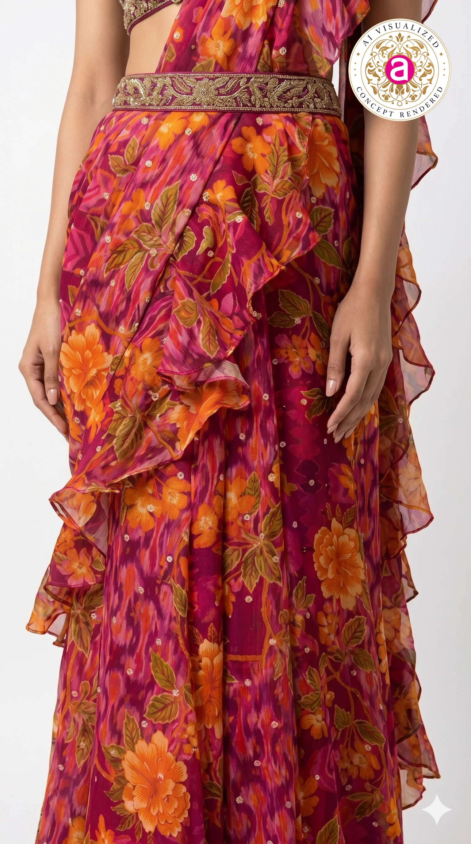 Rani Pink Floral Ready-to-Wear Saree with Ruffle Draping & Embroidered Halter Blouse - Image 4