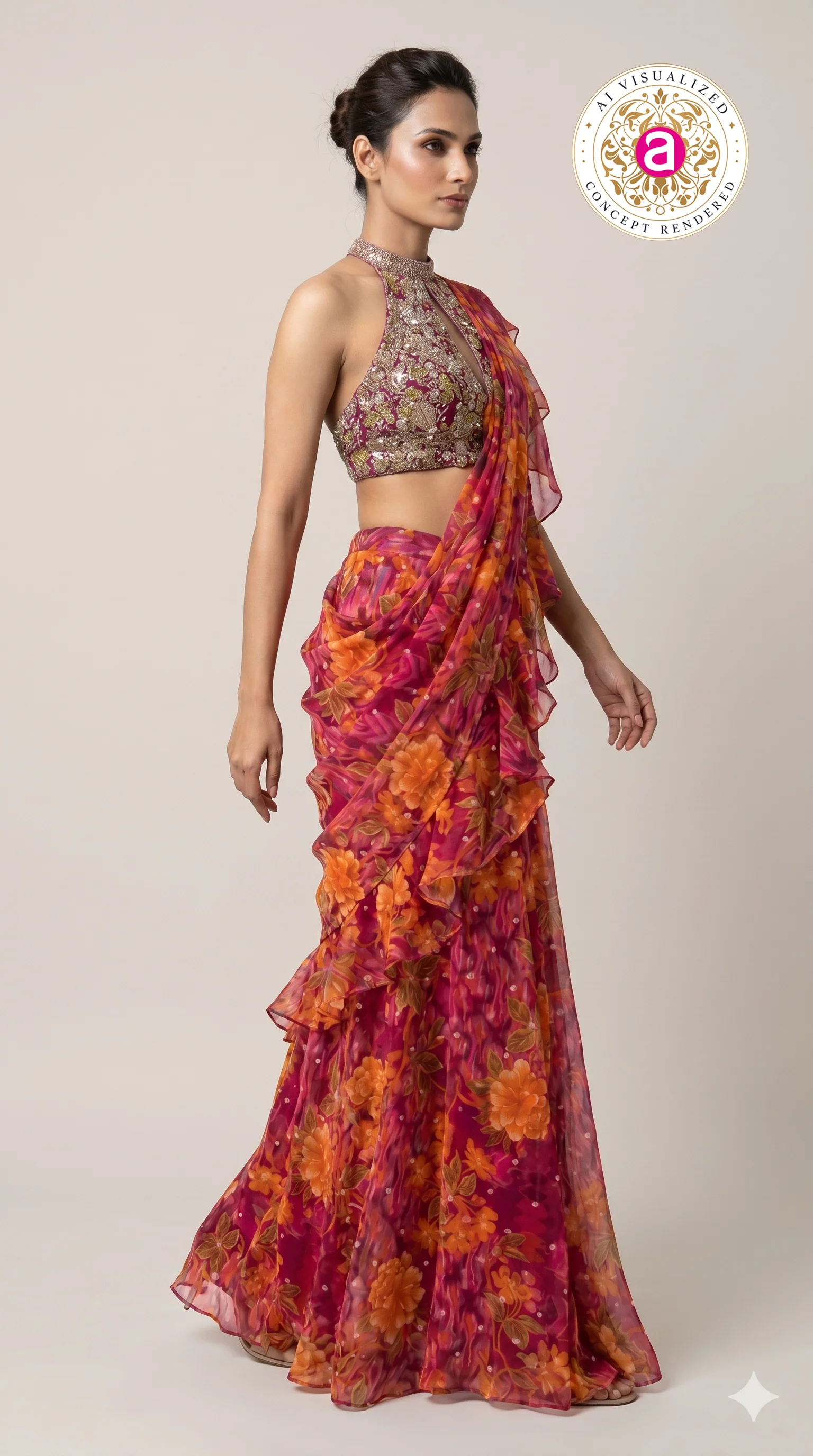 Rani Pink Floral Ready-to-Wear Saree with Ruffle Draping & Embroidered Halter Blouse - Image 5