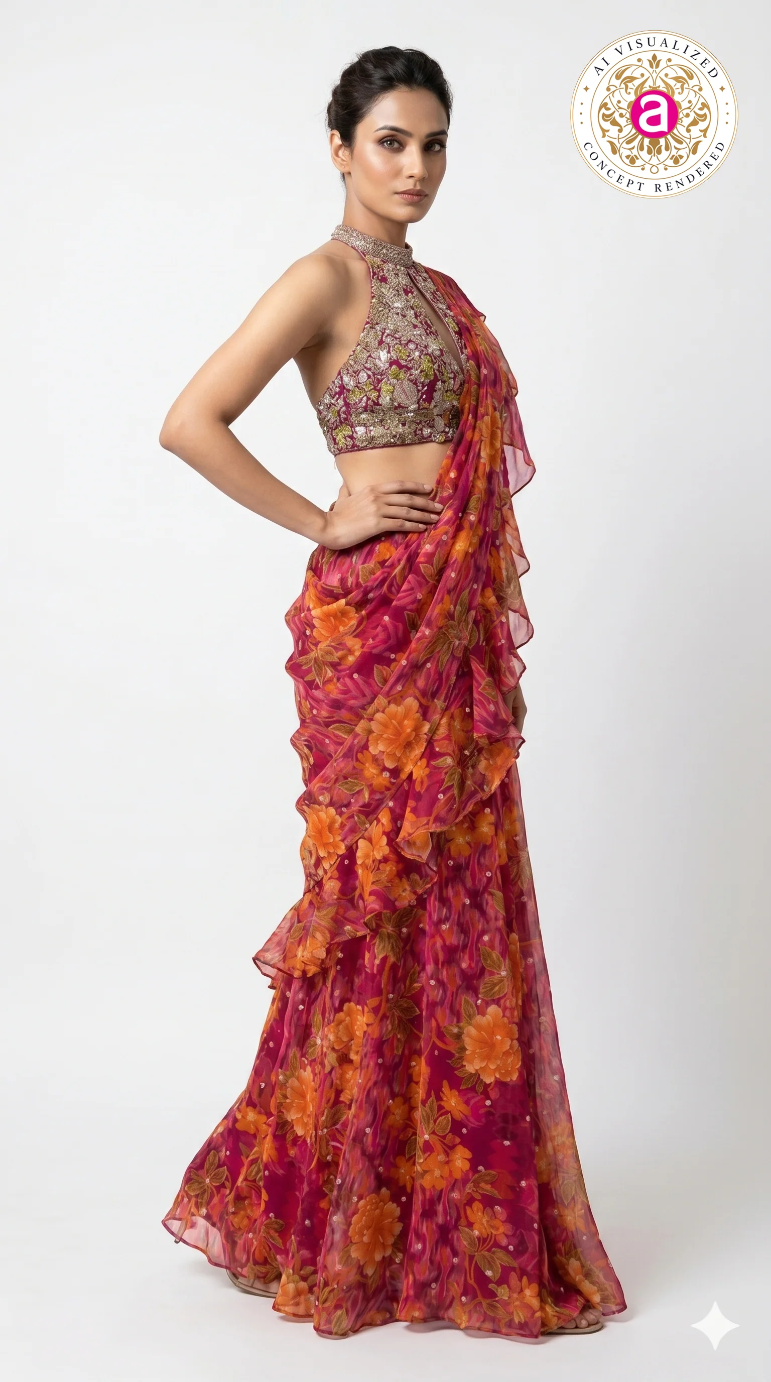 Rani Pink Floral Ready-to-Wear Saree with Ruffle Draping & Embroidered Halter Blouse - Image 6