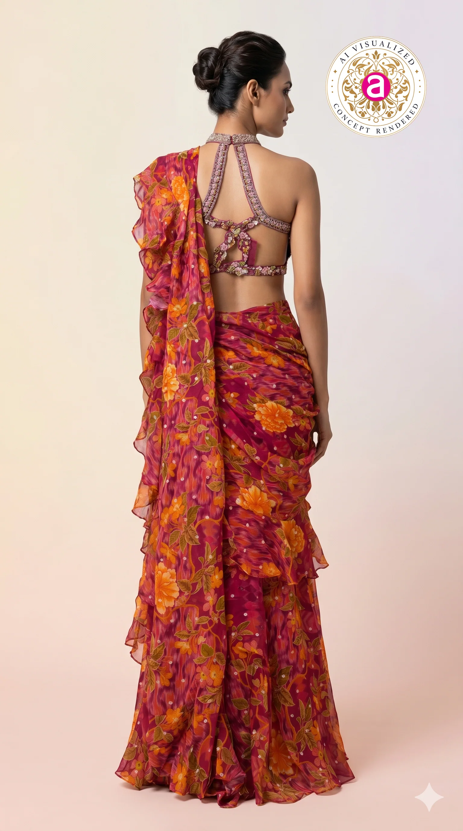 Rani Pink Floral Ready-to-Wear Saree with Ruffle Draping & Embroidered Halter Blouse - Image 7
