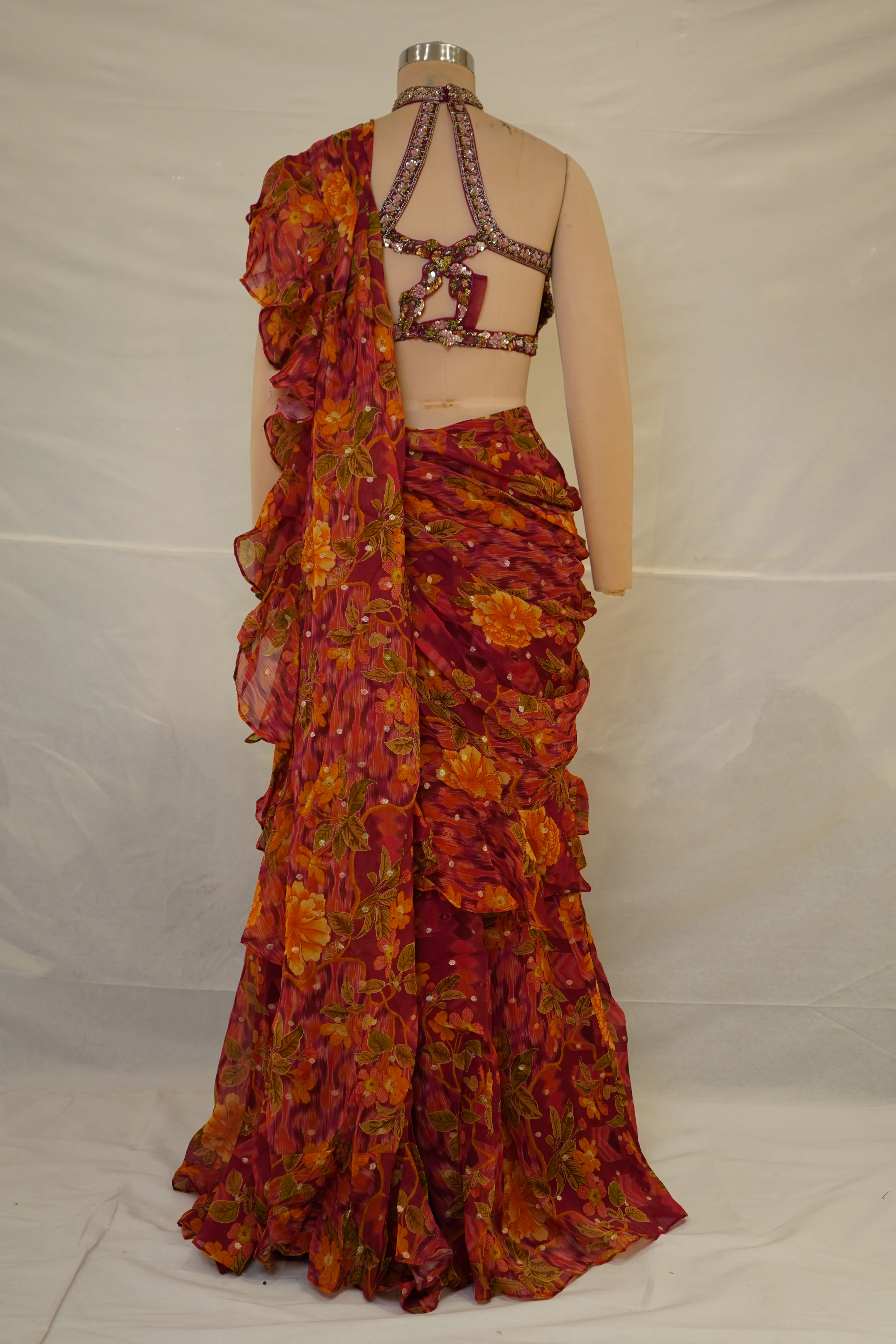 Rani Pink Floral Ready-to-Wear Saree with Ruffle Draping & Embroidered Halter Blouse - Image 8