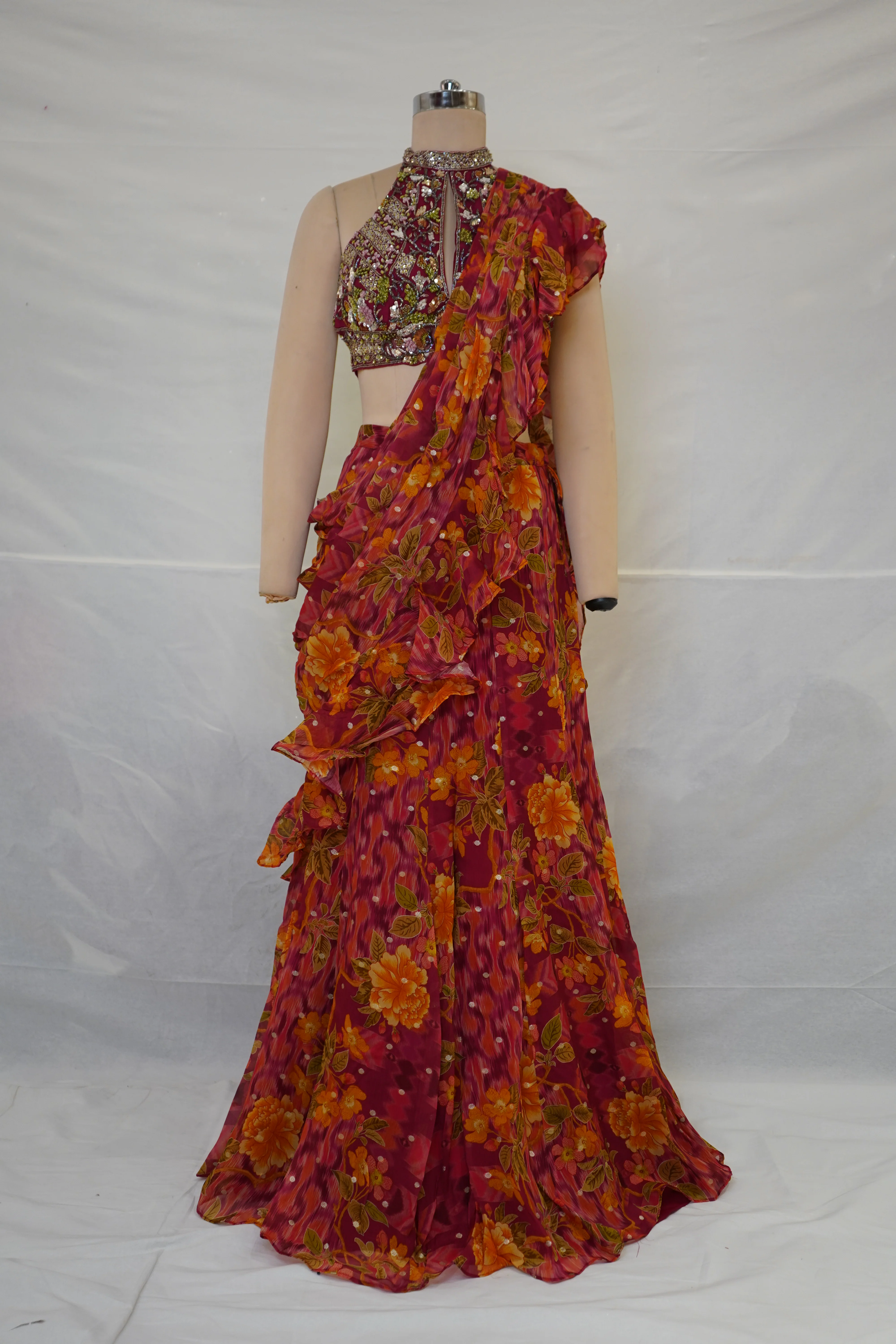 Rani Pink Floral Ready-to-Wear Saree with Ruffle Draping & Embroidered Halter Blouse - Image 9