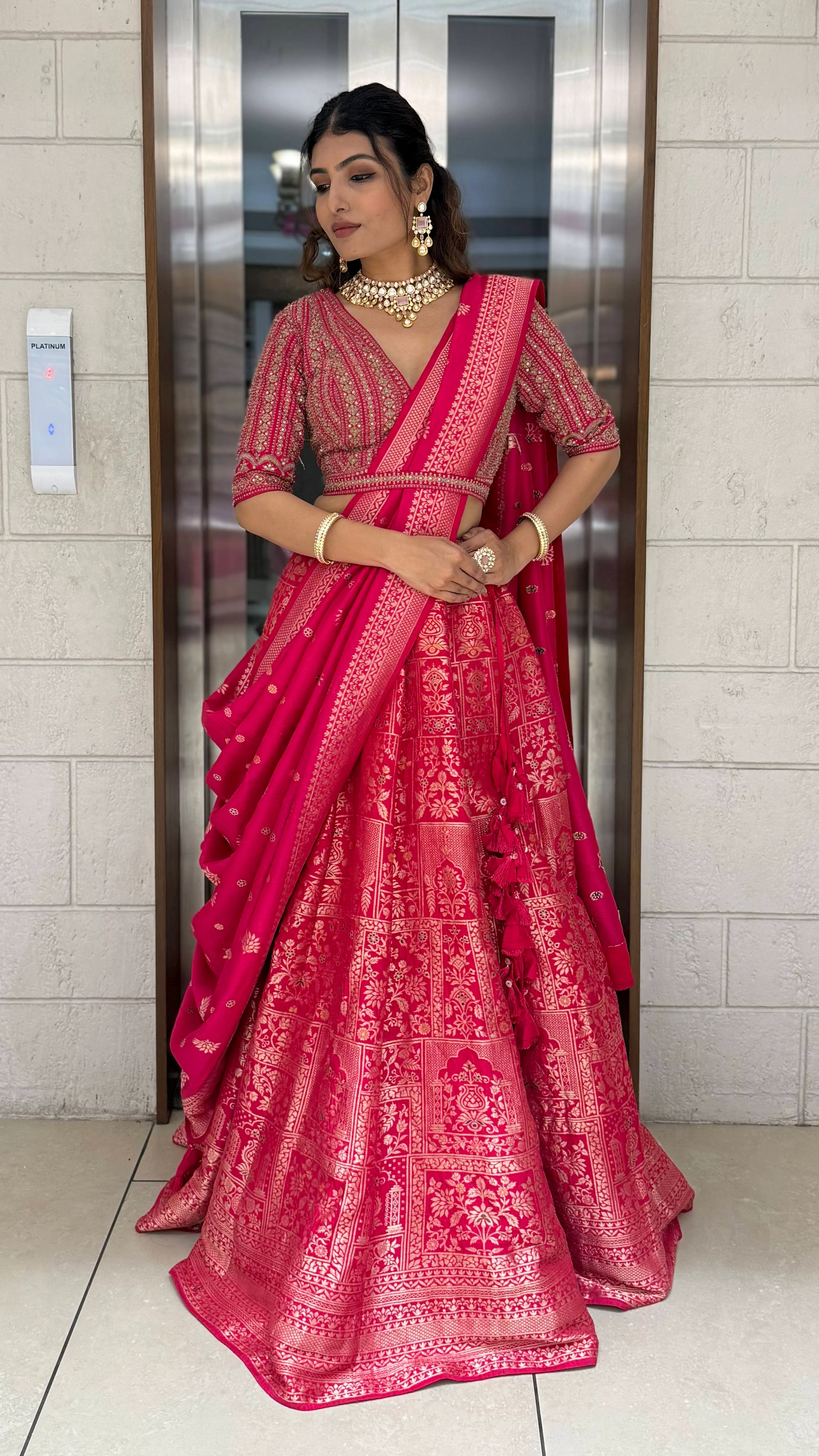 Rani Pink Heavy Banarasi Silk Lehenga Set with Intricate Zari Weaving & Designer Blouse - Image 3