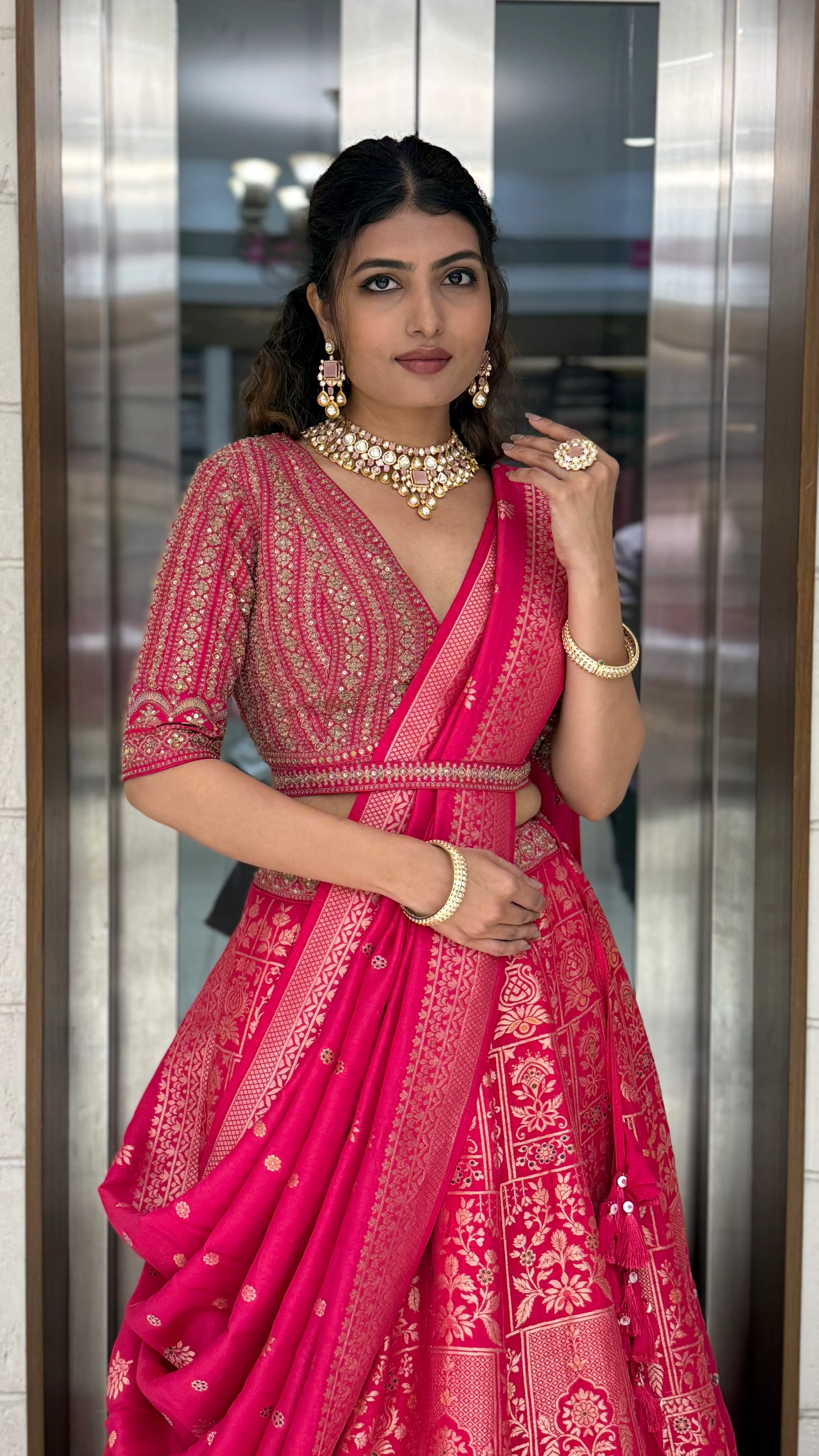 Rani Pink Heavy Banarasi Silk Lehenga Set with Intricate Zari Weaving & Designer Blouse - Image 4