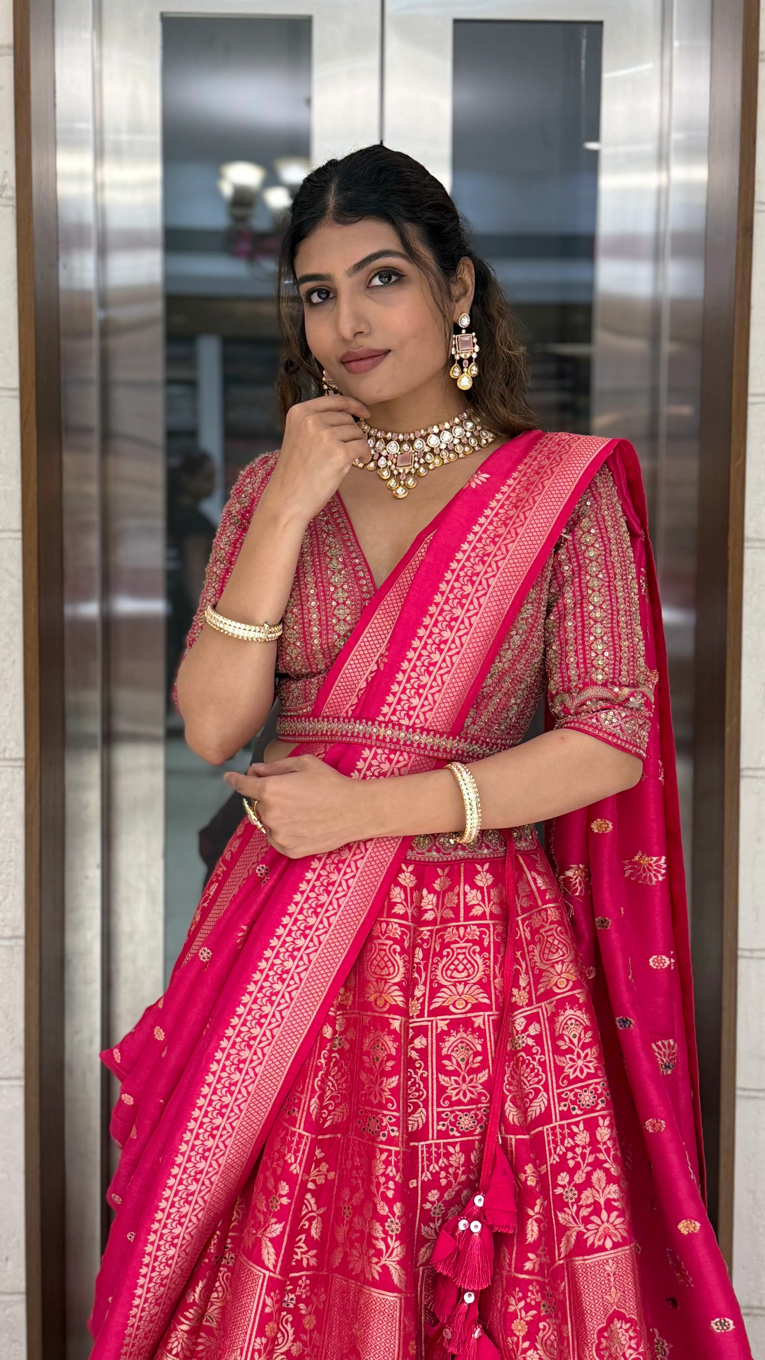 Rani Pink Heavy Banarasi Silk Lehenga Set with Intricate Zari Weaving & Designer Blouse - Image 5