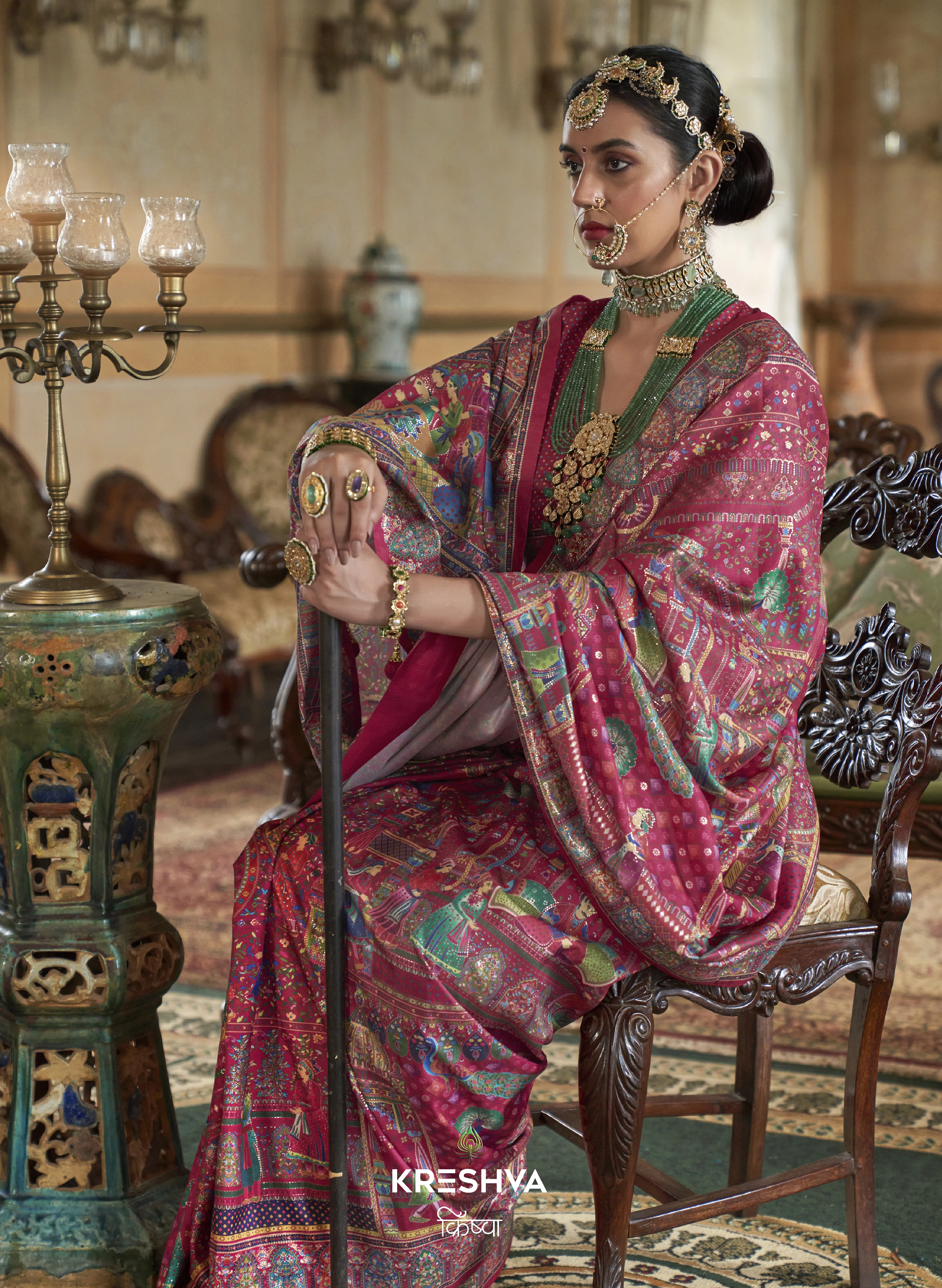 Rani Pink Heritage Pashmina Inspired Designer Saree with Multicolour Royal Border - Image 2