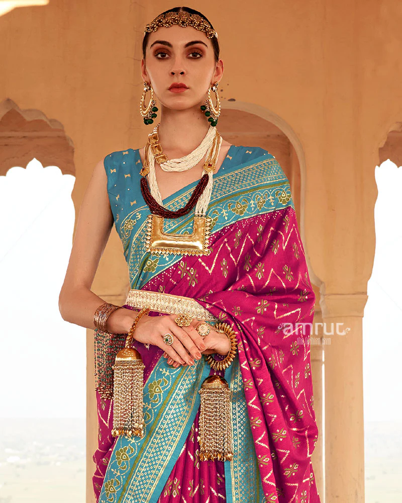 Rani Pink Ikat Printed and Teal Contrast Border Patola Silk Saree with Unstitched Blouse - Image 2