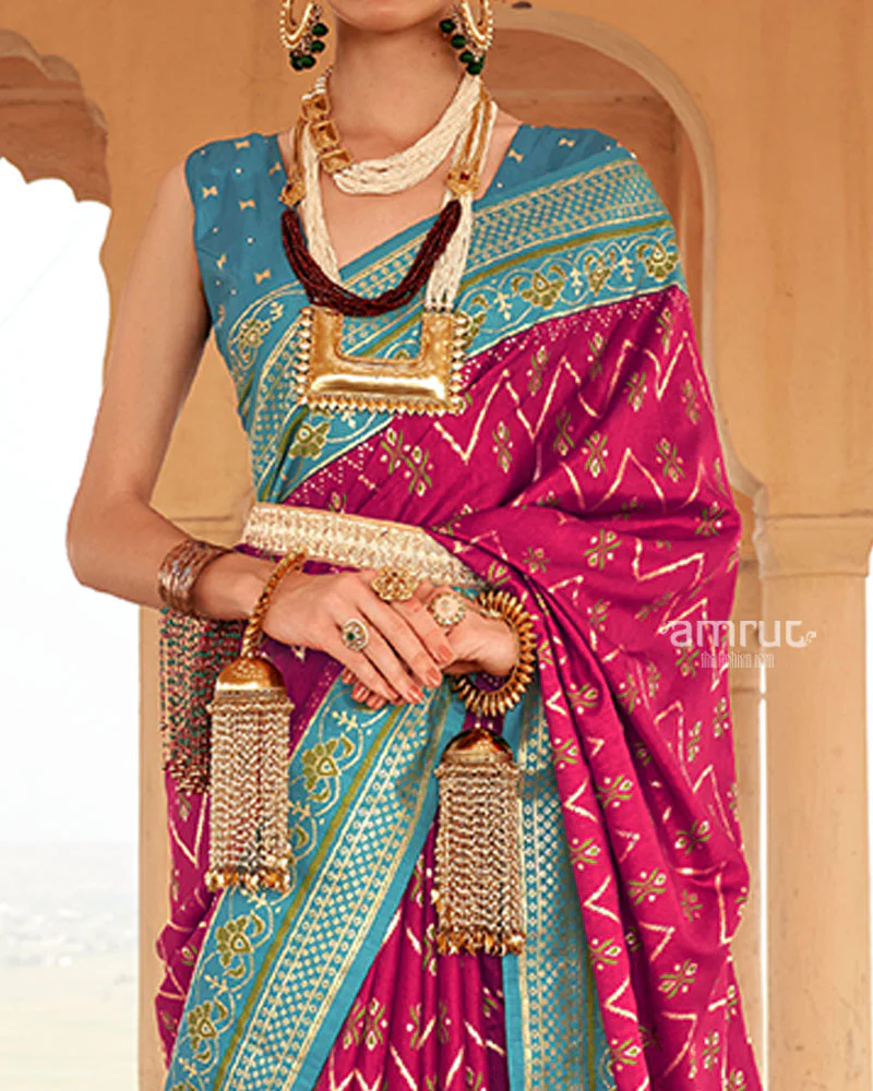 Rani Pink Ikat Printed and Teal Contrast Border Patola Silk Saree with Unstitched Blouse - Image 3
