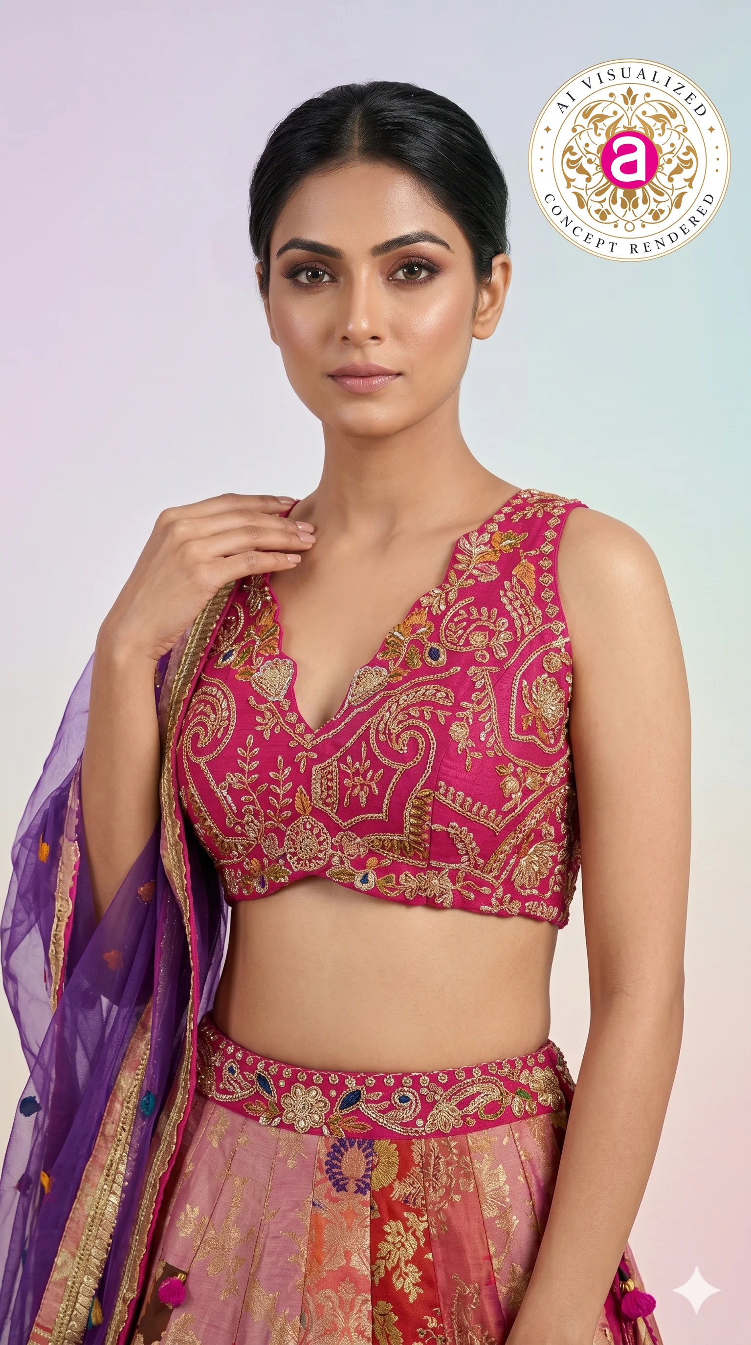 Rani Pink & Multicolour Banarasi Woven Designer Lehenga Choli with Purple Net Dupatta - Image 2