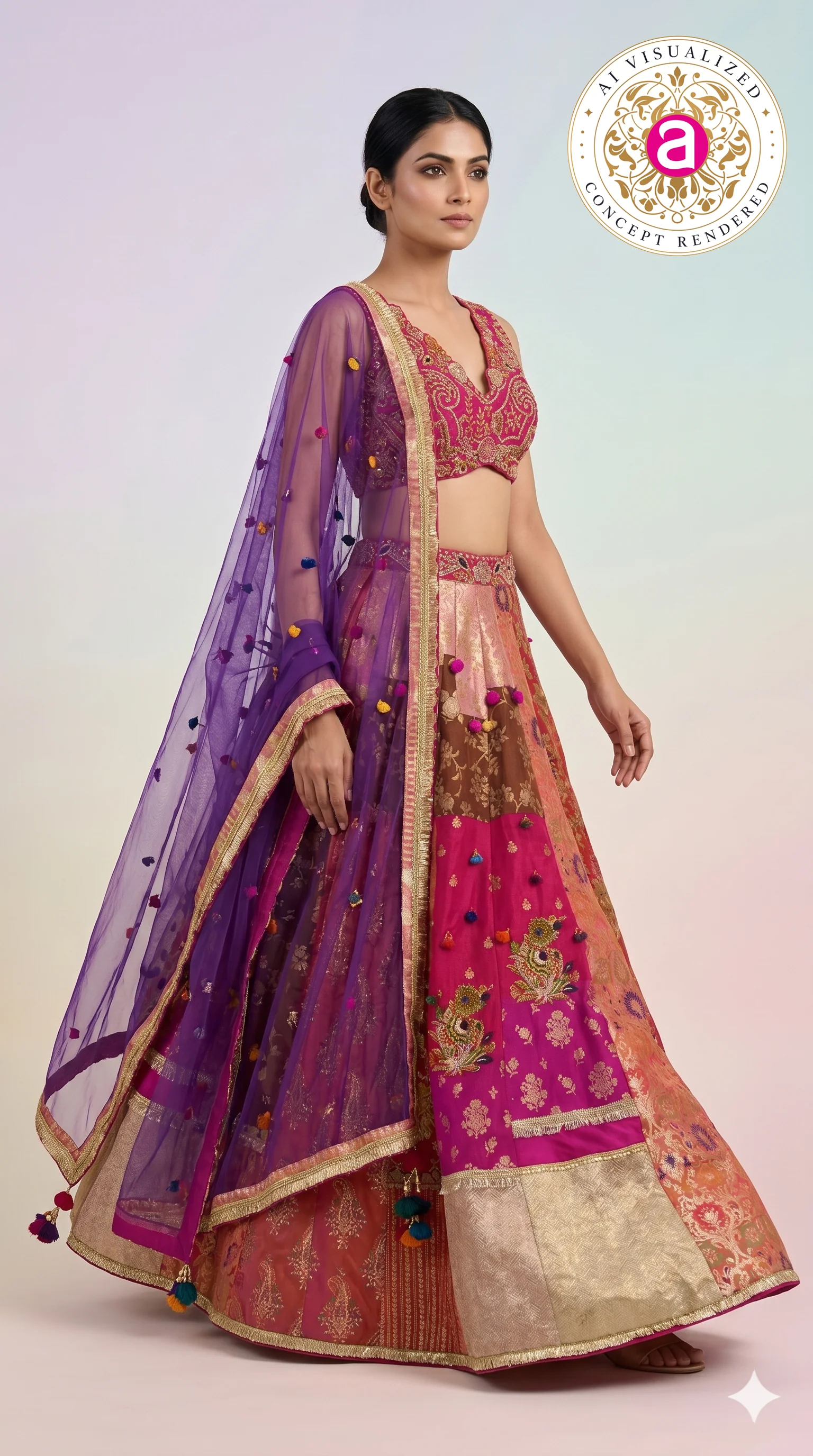 Rani Pink & Multicolour Banarasi Woven Designer Lehenga Choli with Purple Net Dupatta - Image 3