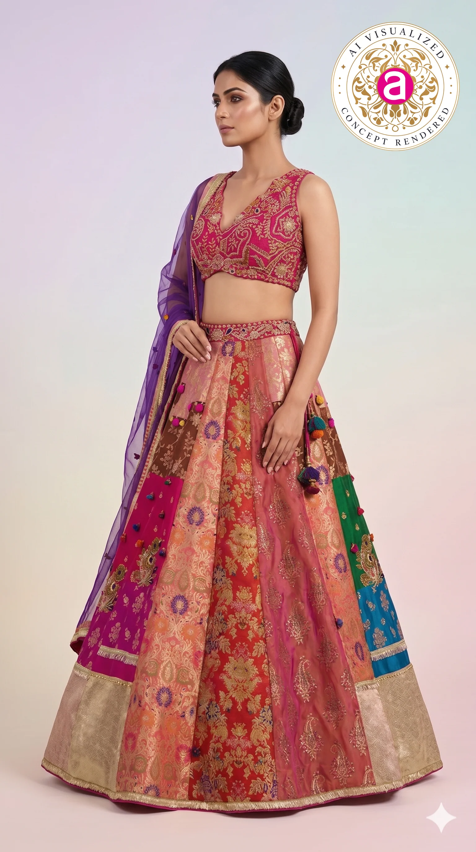 Rani Pink & Multicolour Banarasi Woven Designer Lehenga Choli with Purple Net Dupatta - Image 4
