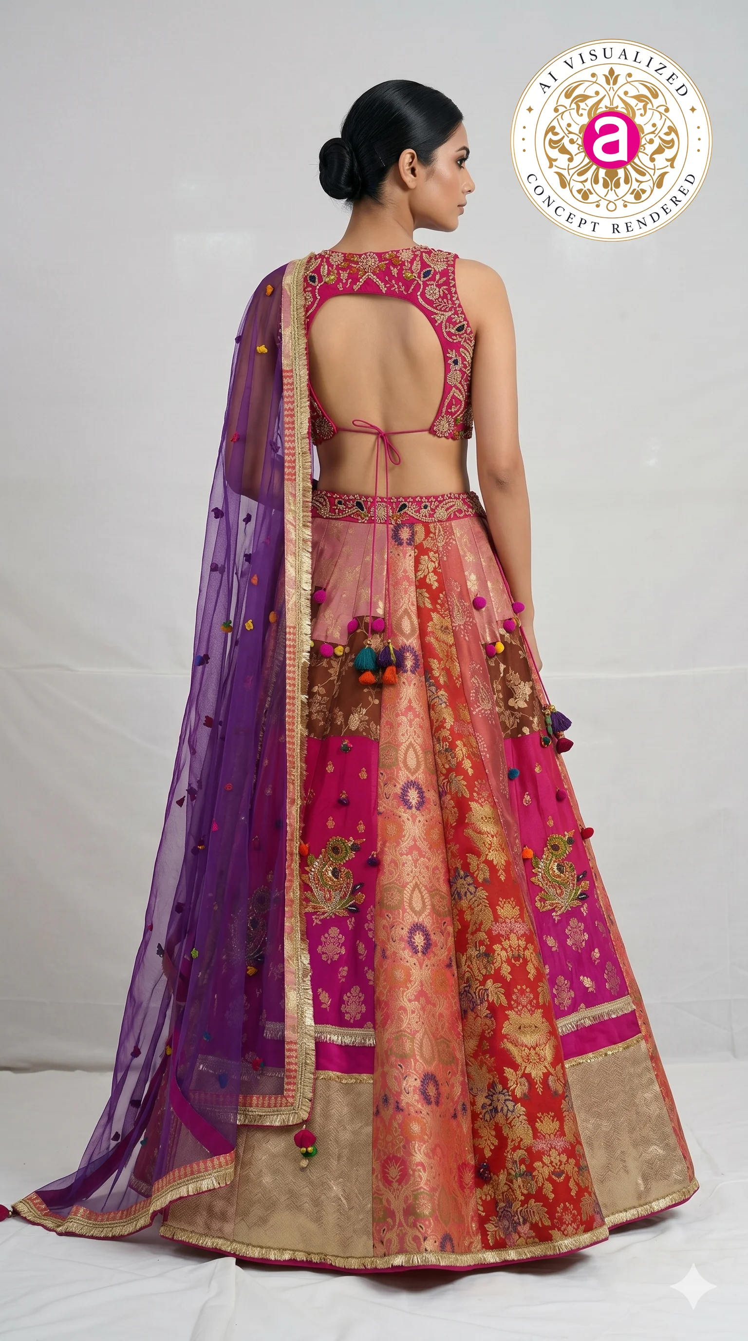 Rani Pink & Multicolour Banarasi Woven Designer Lehenga Choli with Purple Net Dupatta - Image 5
