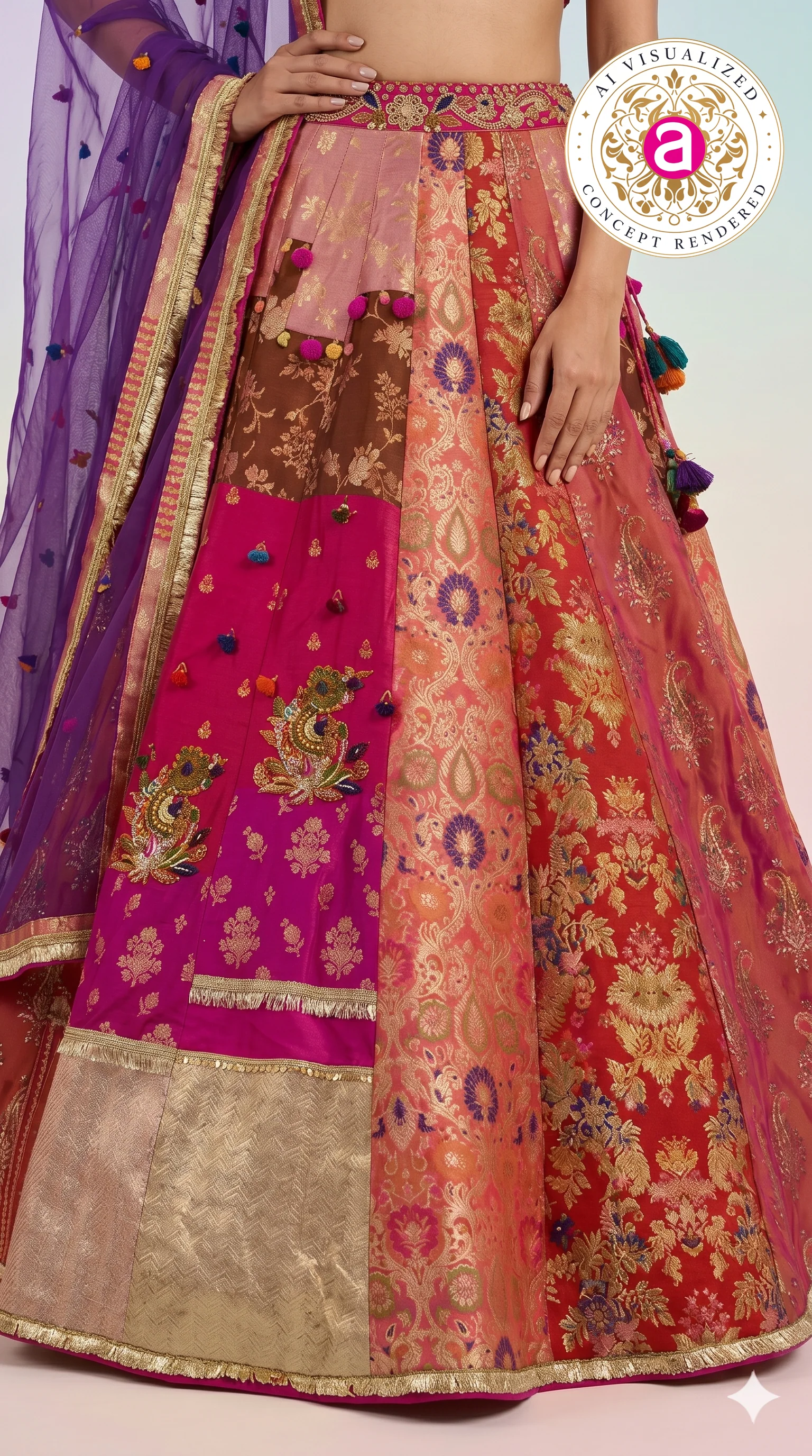 Rani Pink & Multicolour Banarasi Woven Designer Lehenga Choli with Purple Net Dupatta - Image 6