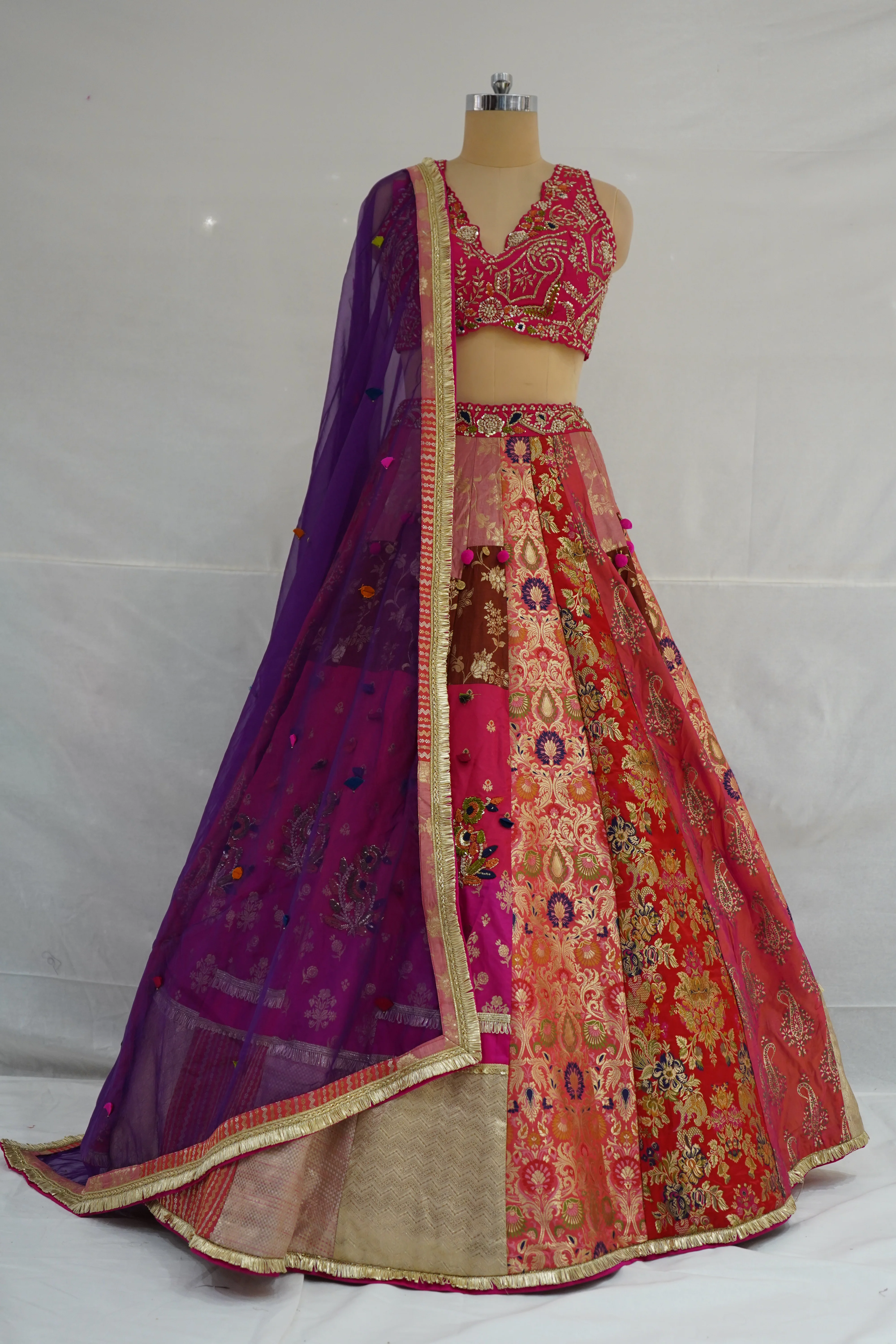Rani Pink & Multicolour Banarasi Woven Designer Lehenga Choli with Purple Net Dupatta - Image 7
