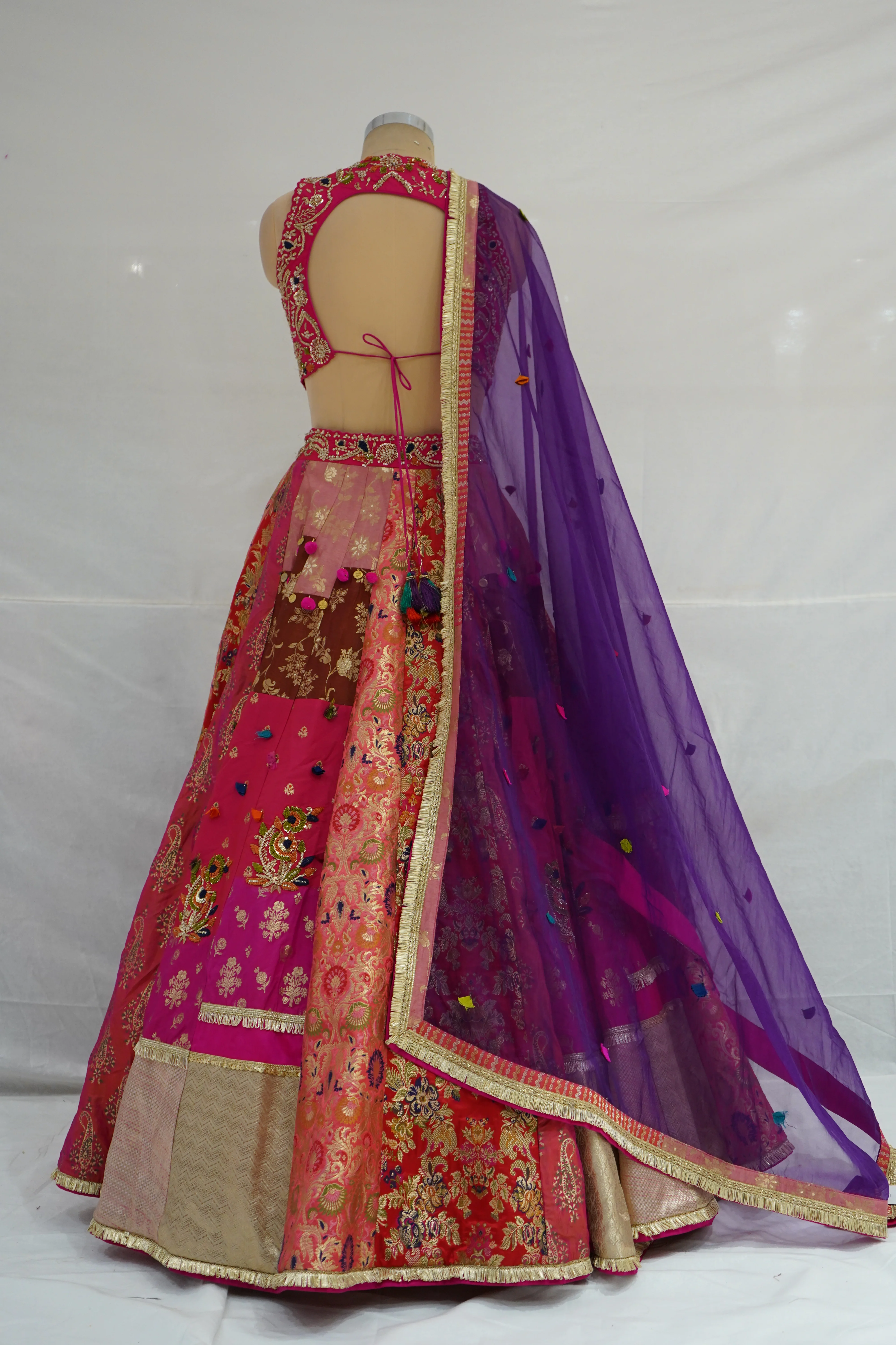 Rani Pink & Multicolour Banarasi Woven Designer Lehenga Choli with Purple Net Dupatta - Image 8