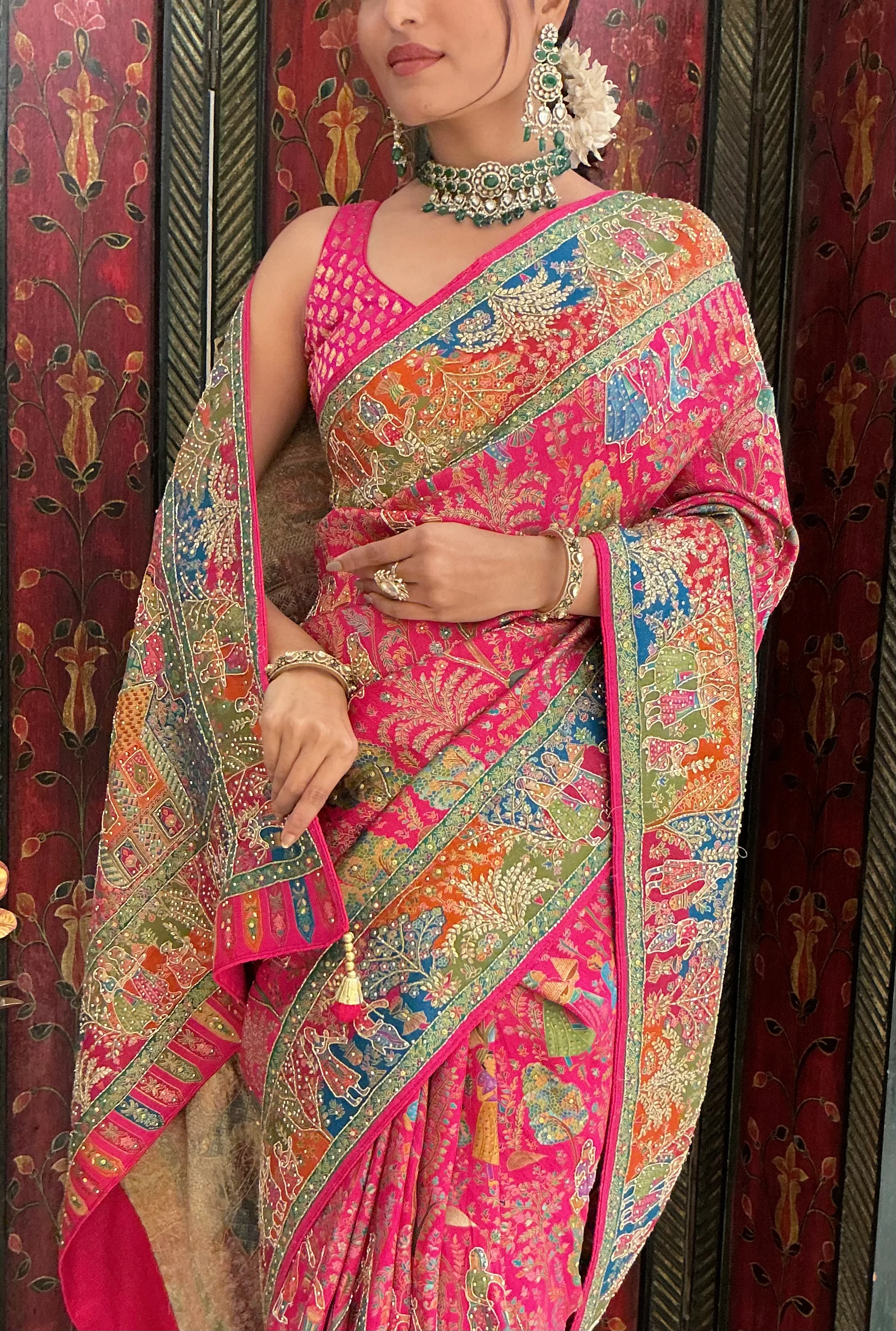 Rani Pink Multicolour Heritage Print Designer Saree with Royal Border Work - Image 2