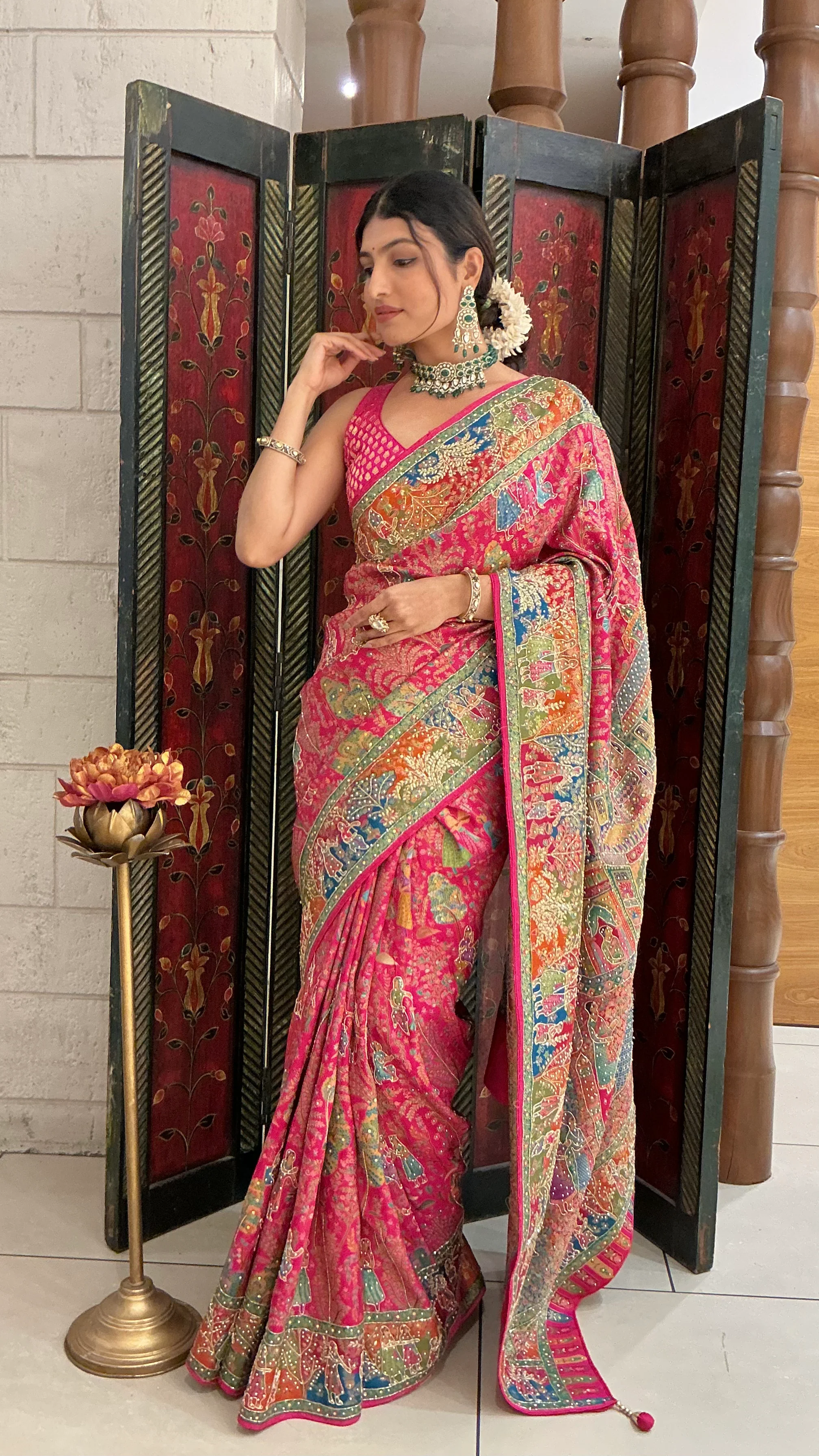 Rani Pink Multicolour Heritage Print Designer Saree with Royal Border Work - Image 3