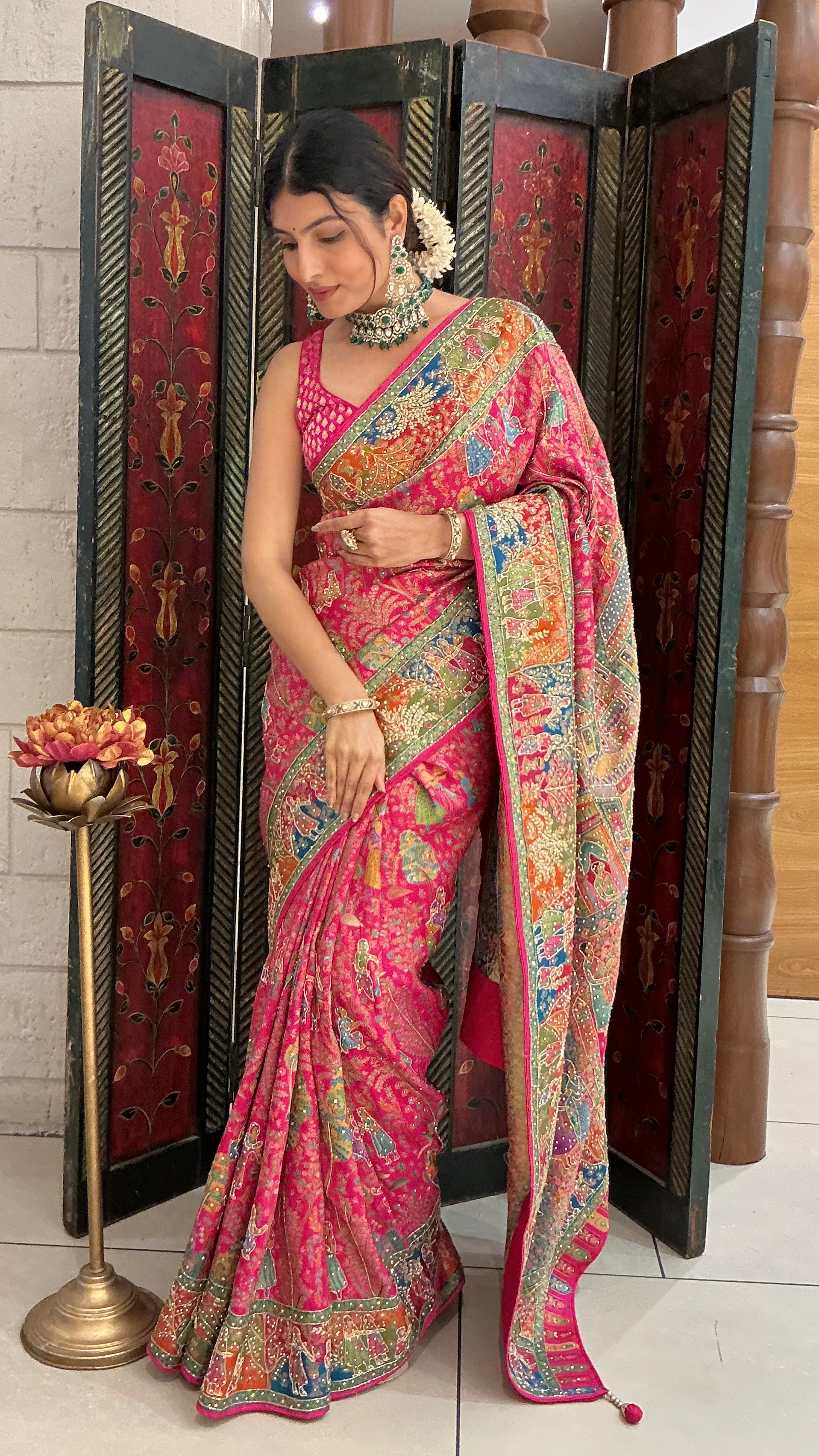 Rani Pink Multicolour Heritage Print Designer Saree with Royal Border Work - Image 4