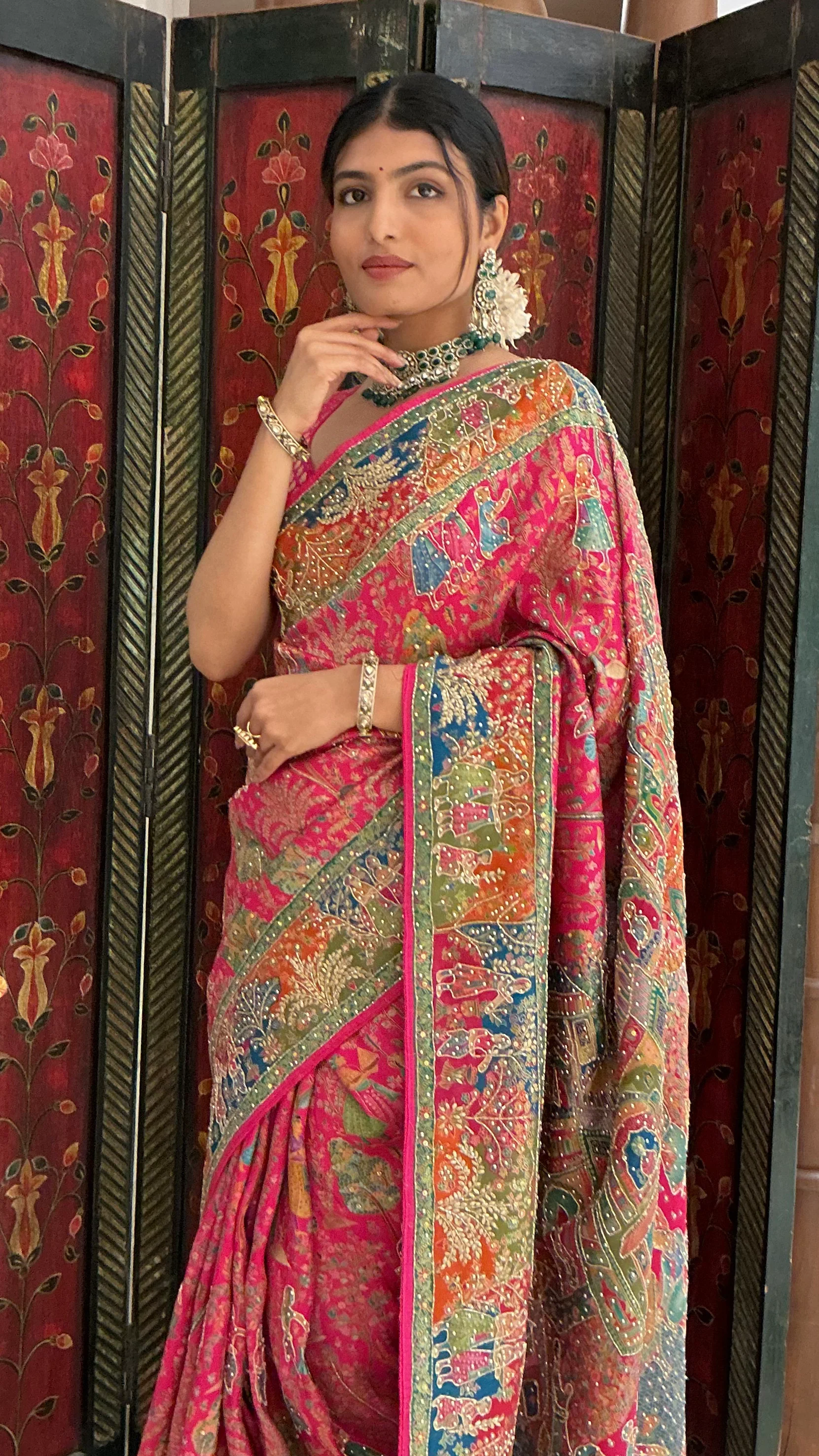 Rani Pink Multicolour Heritage Print Designer Saree with Royal Border Work - Image 5