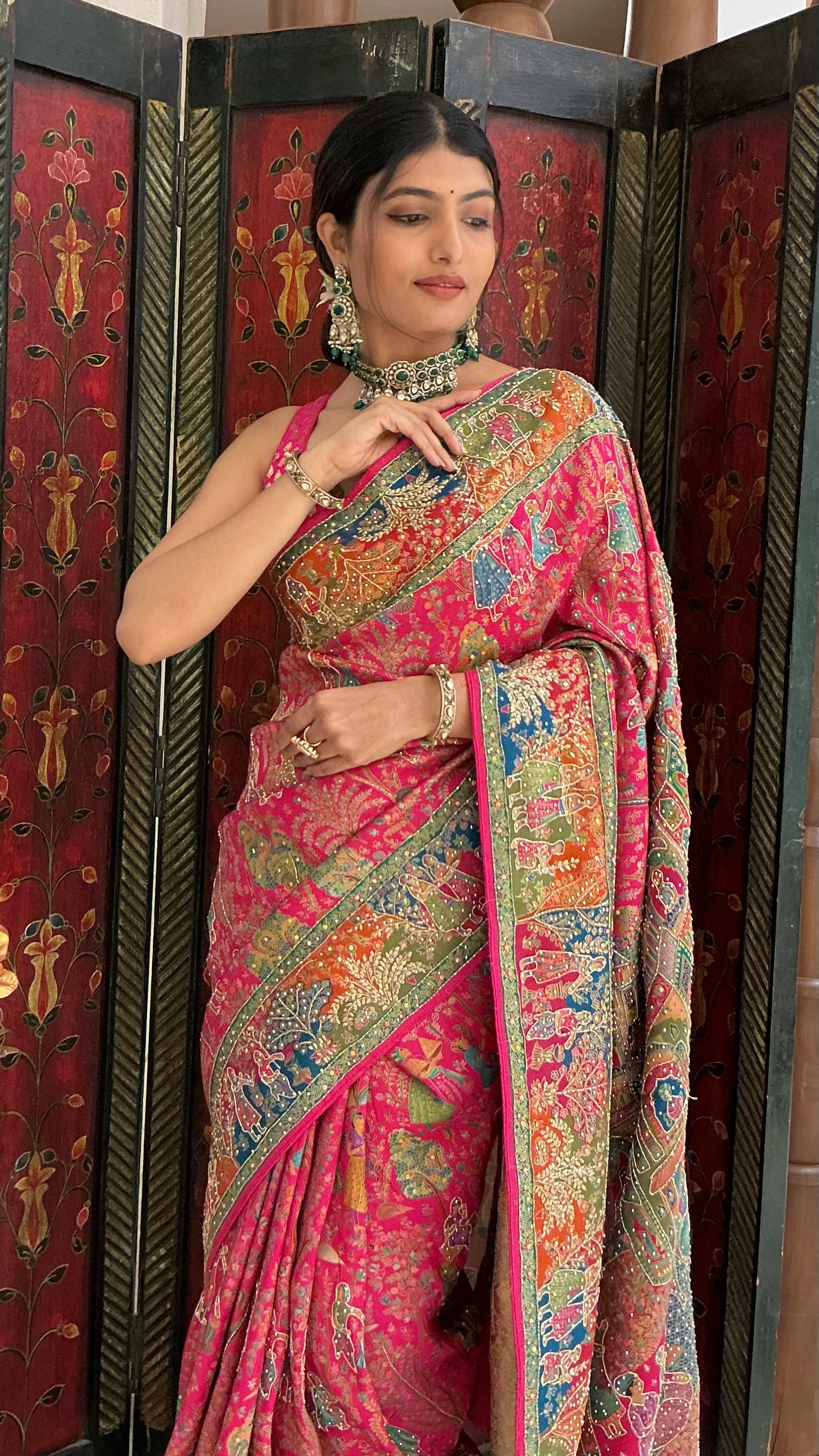 Rani Pink Multicolour Heritage Print Designer Saree with Royal Border Work - Image 6