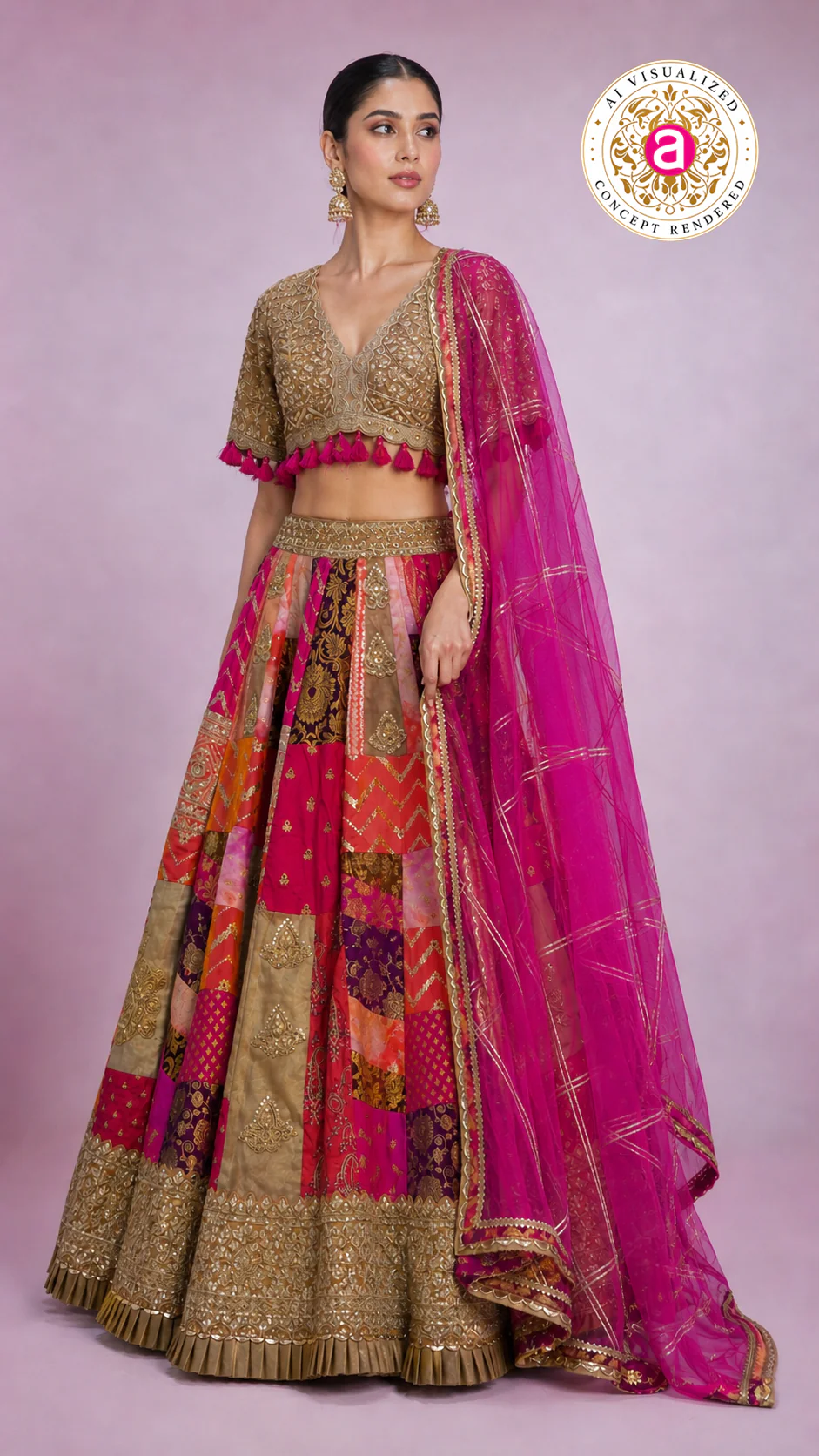 Rani Pink Multicolour Patchwork Designer Lehenga Choli with Gold Embroidered Blouse & Net Dupatta - Image 3