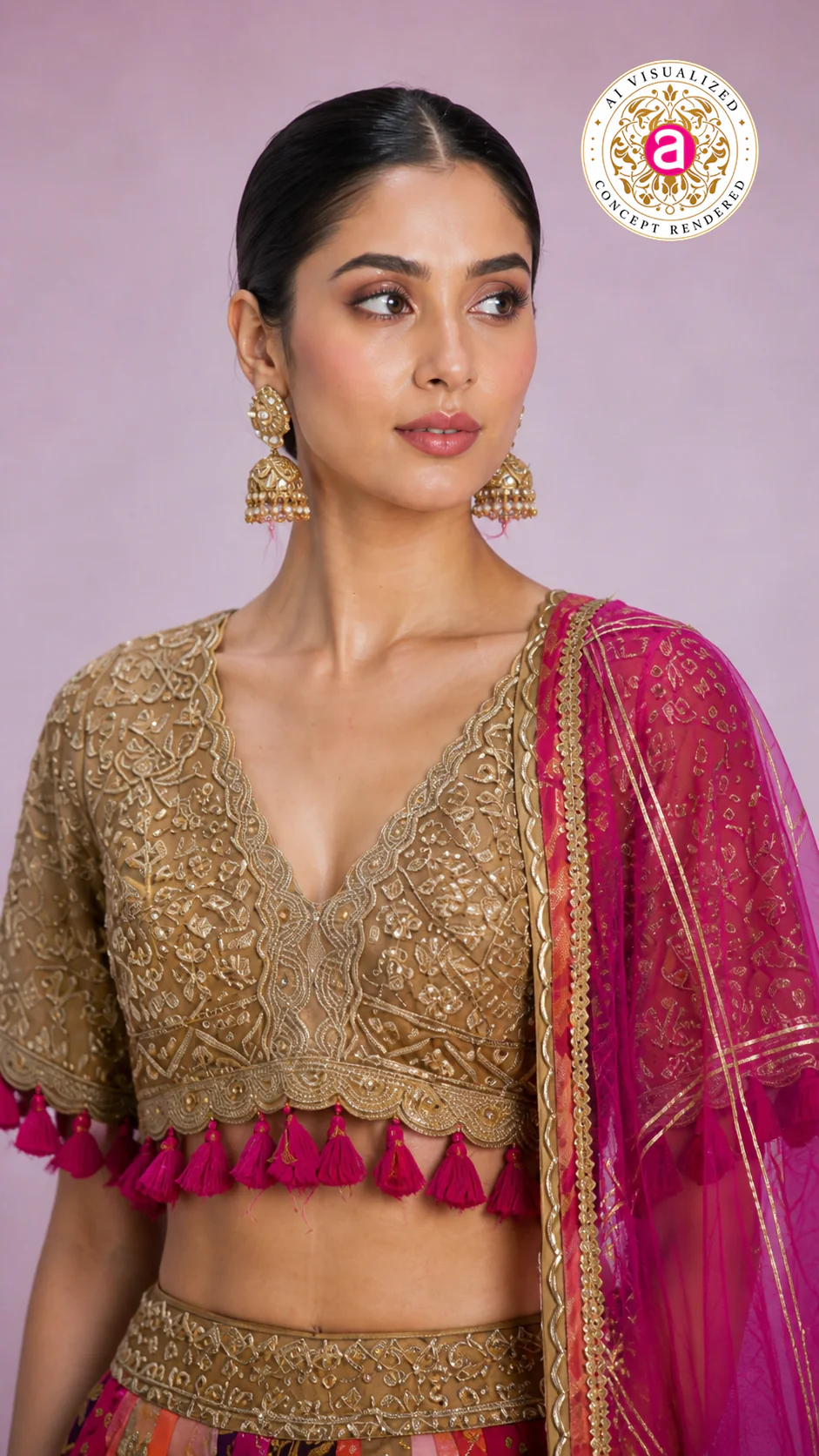 Rani Pink Multicolour Patchwork Designer Lehenga Choli with Gold Embroidered Blouse & Net Dupatta - Image 4