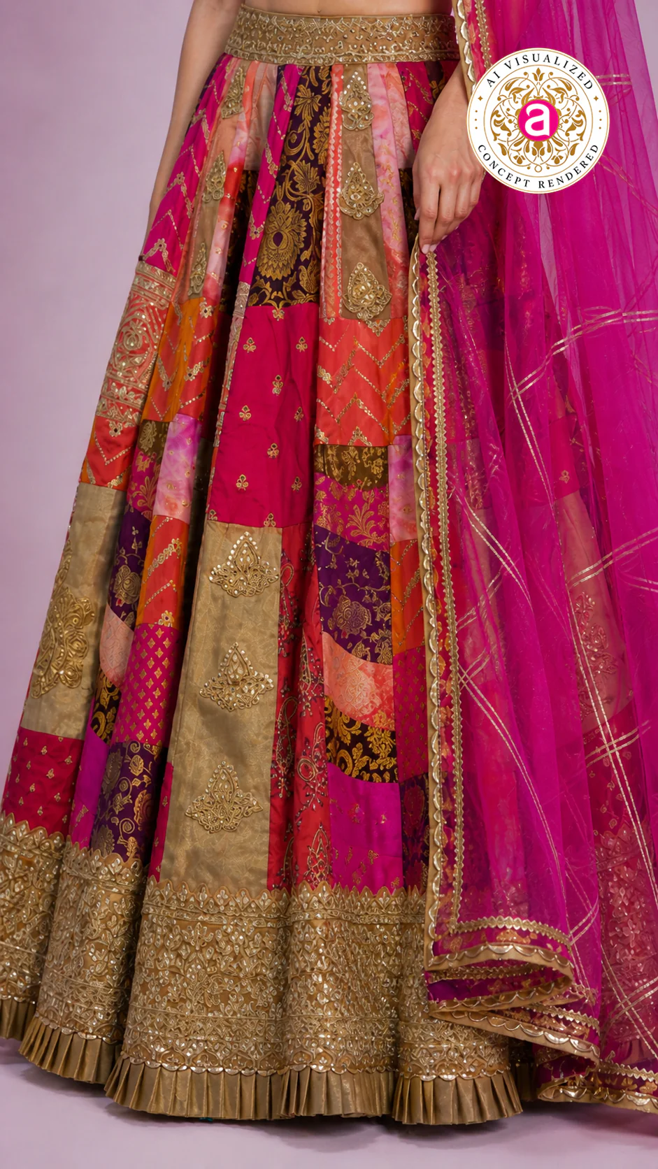 Rani Pink Multicolour Patchwork Designer Lehenga Choli with Gold Embroidered Blouse & Net Dupatta - Image 5