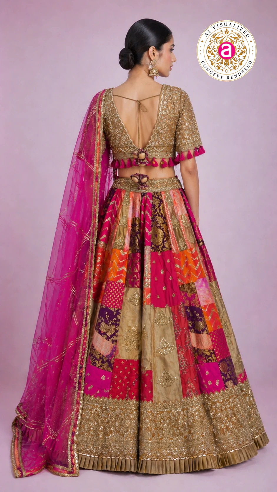 Rani Pink Multicolour Patchwork Designer Lehenga Choli with Gold Embroidered Blouse & Net Dupatta - Image 6