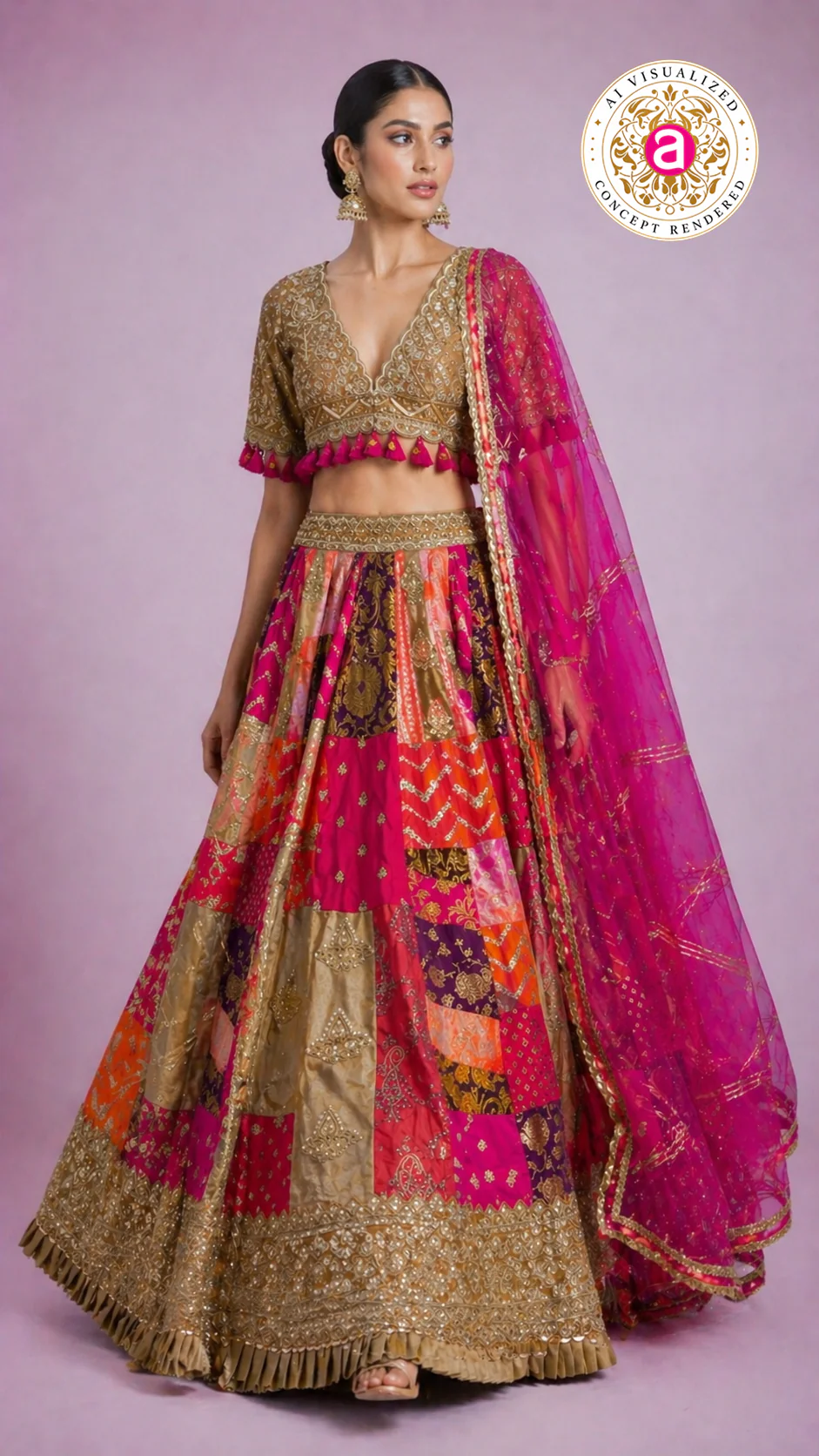 Rani Pink Multicolour Patchwork Designer Lehenga Choli with Gold Embroidered Blouse & Net Dupatta - Image 7