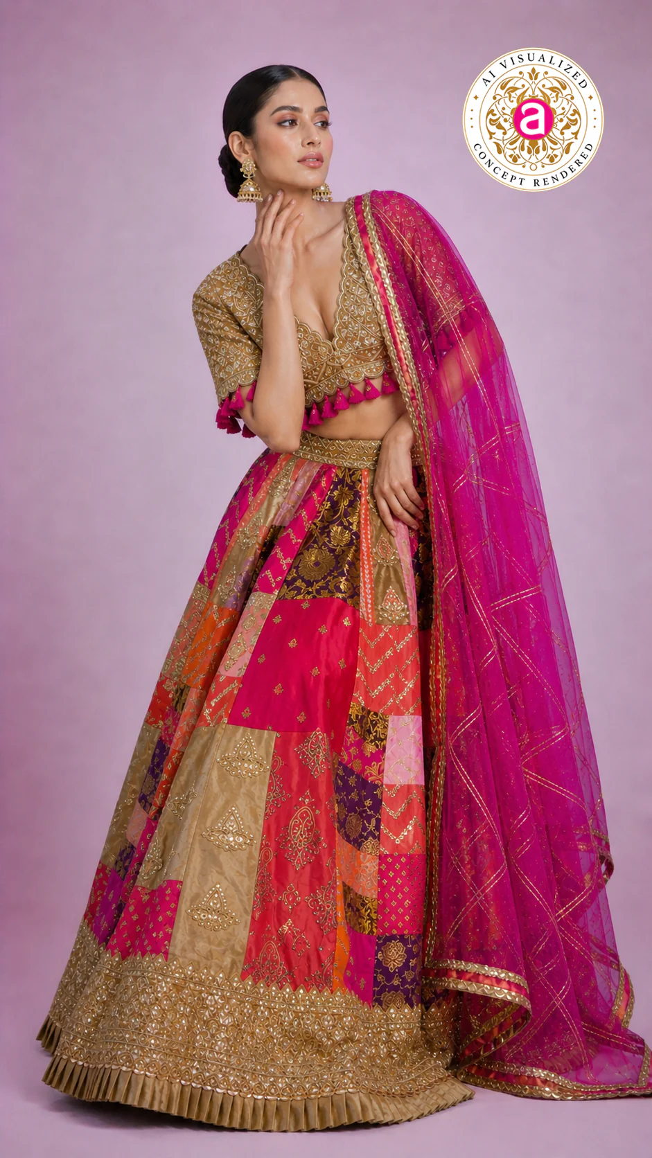 Rani Pink Multicolour Patchwork Designer Lehenga Choli with Gold Embroidered Blouse & Net Dupatta - Image 8