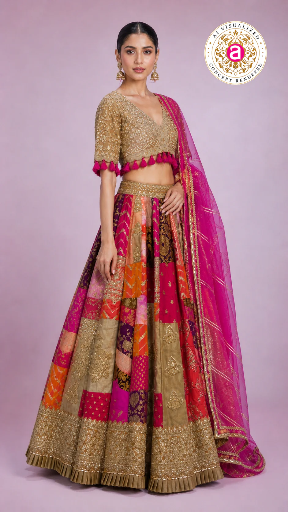 Rani Pink Multicolour Patchwork Designer Lehenga Choli with Gold Embroidered Blouse & Net Dupatta - Image 9