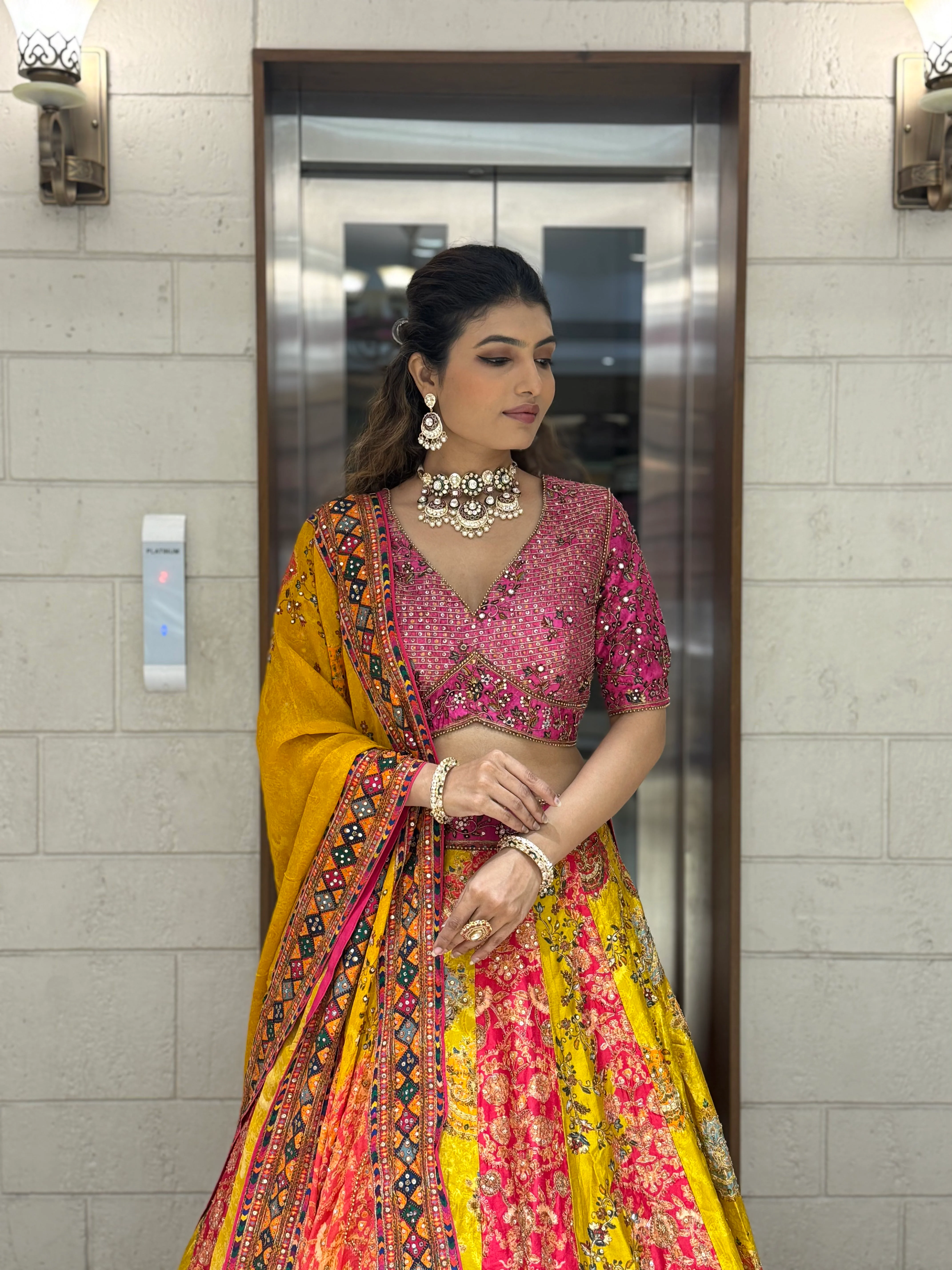 Rani Pink & Mustard Patola Print Mirror Work Lehenga with Hand-Embroidered Blouse - Image 2