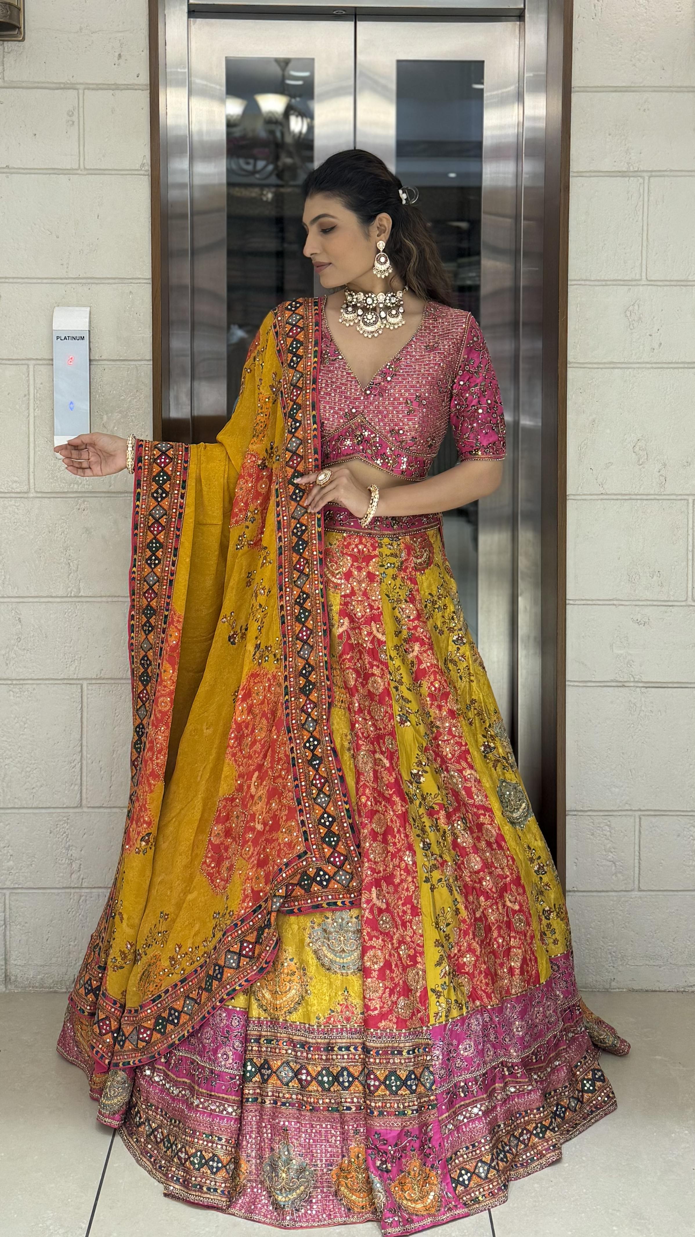 Rani Pink & Mustard Patola Print Mirror Work Lehenga with Hand-Embroidered Blouse - Image 3