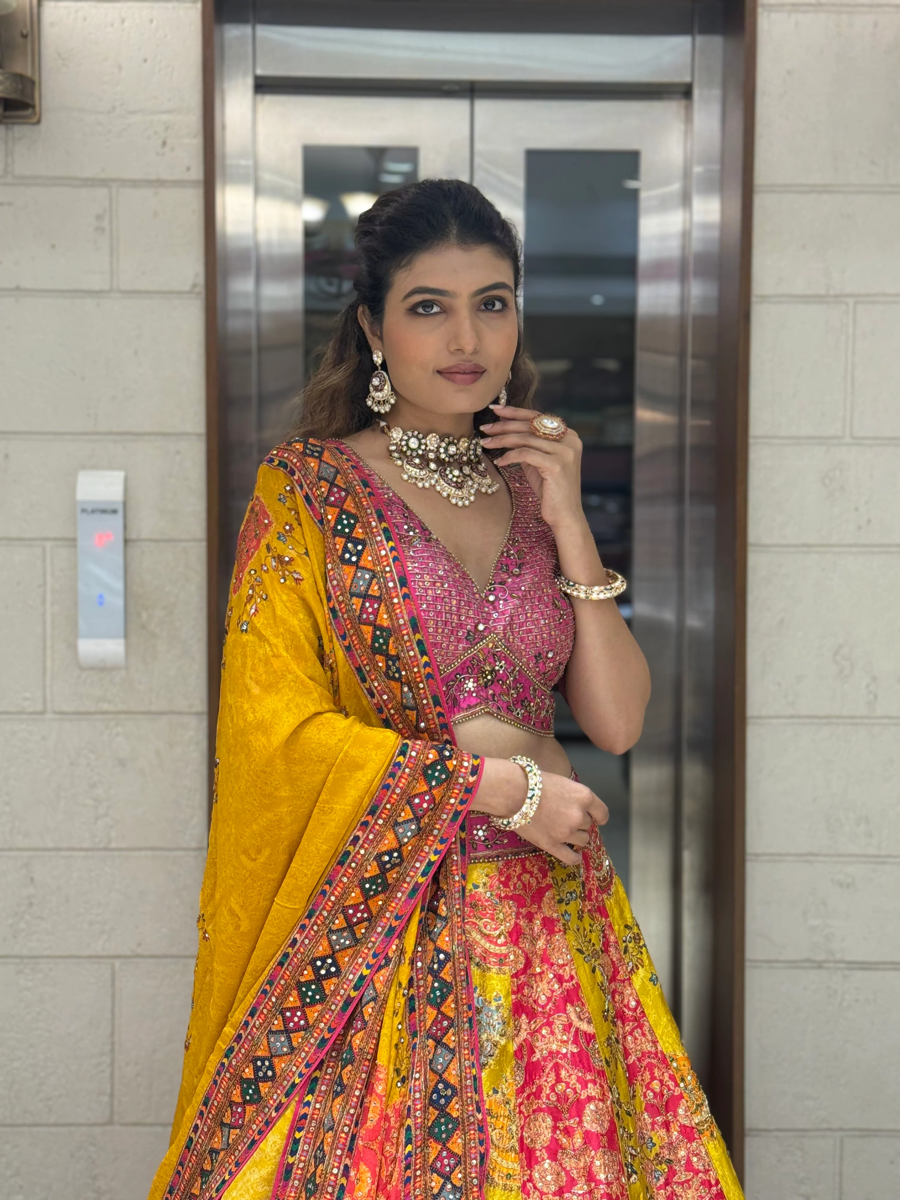 Rani Pink & Mustard Patola Print Mirror Work Lehenga with Hand-Embroidered Blouse - Image 4