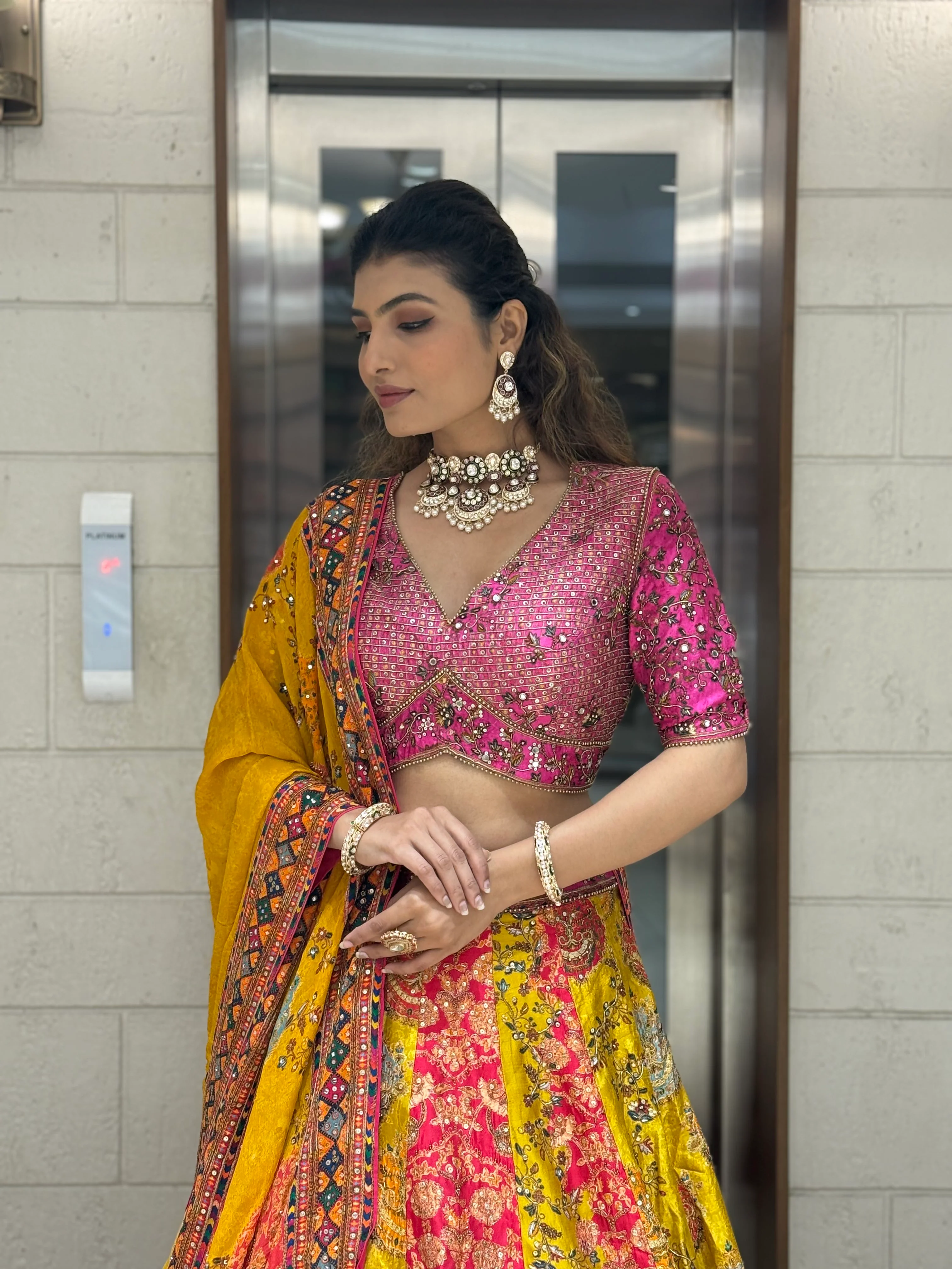 Rani Pink & Mustard Patola Print Mirror Work Lehenga with Hand-Embroidered Blouse - Image 5