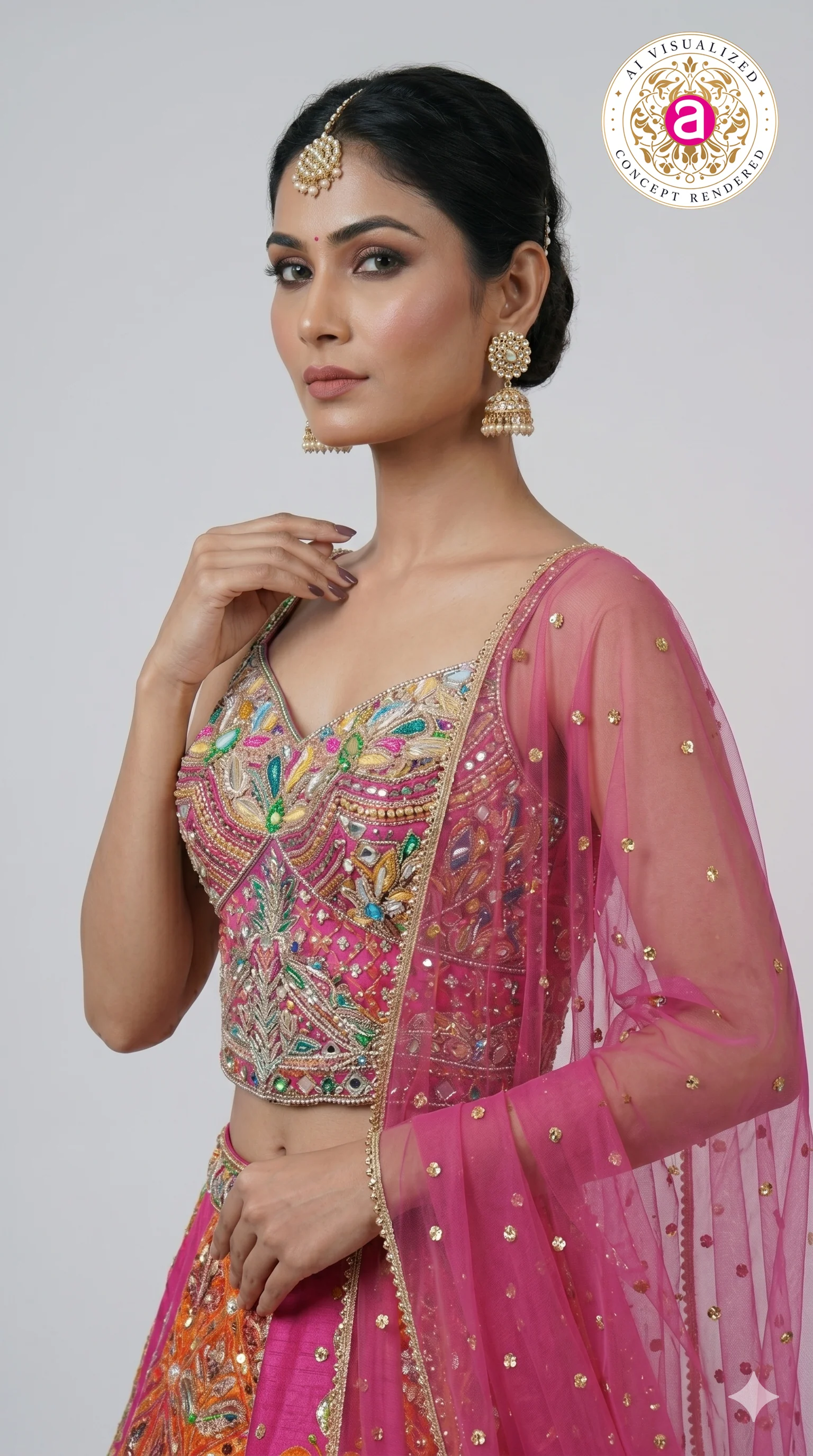 Rani Pink & Orange Embroidered Lehenga Set with Multicolor Blouse & Net Dupatta - Image 2