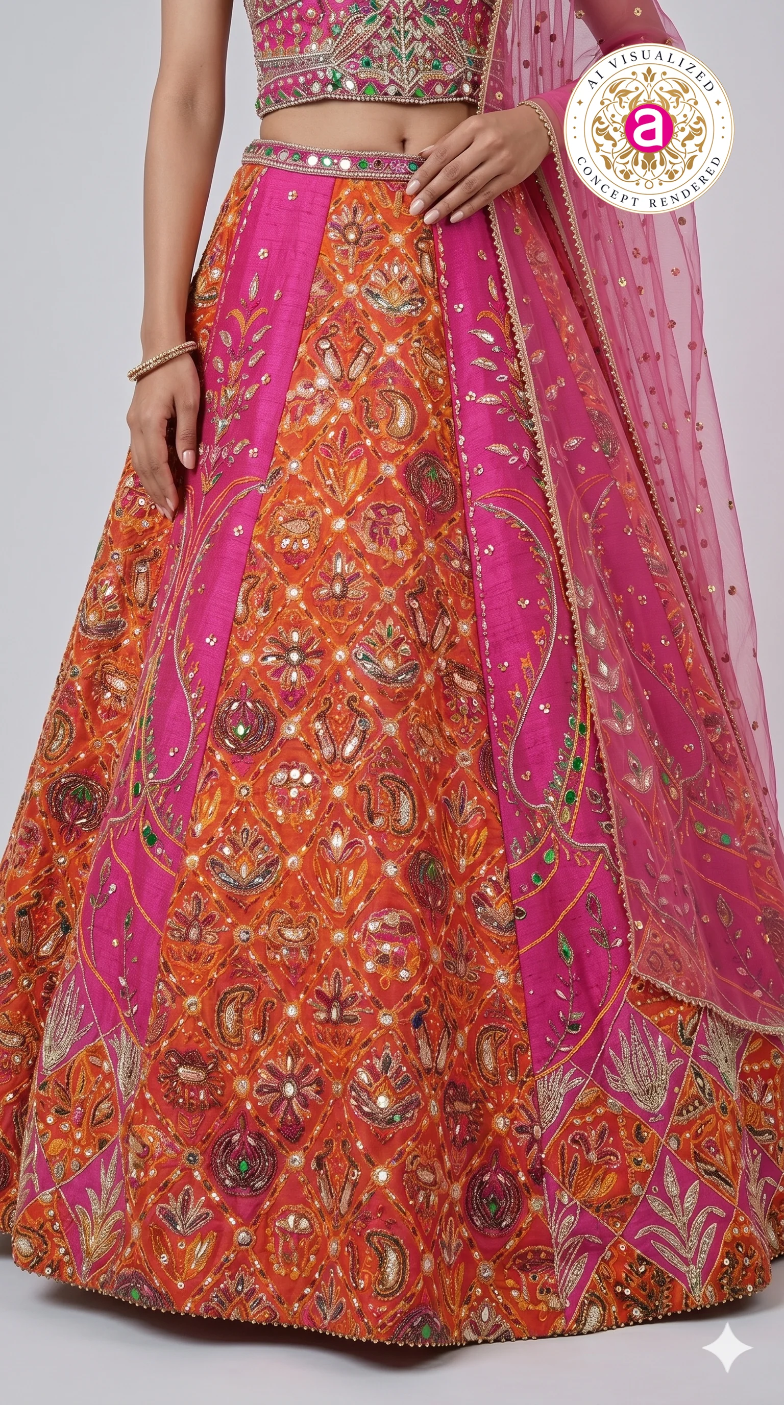 Rani Pink & Orange Embroidered Lehenga Set with Multicolor Blouse & Net Dupatta - Image 3