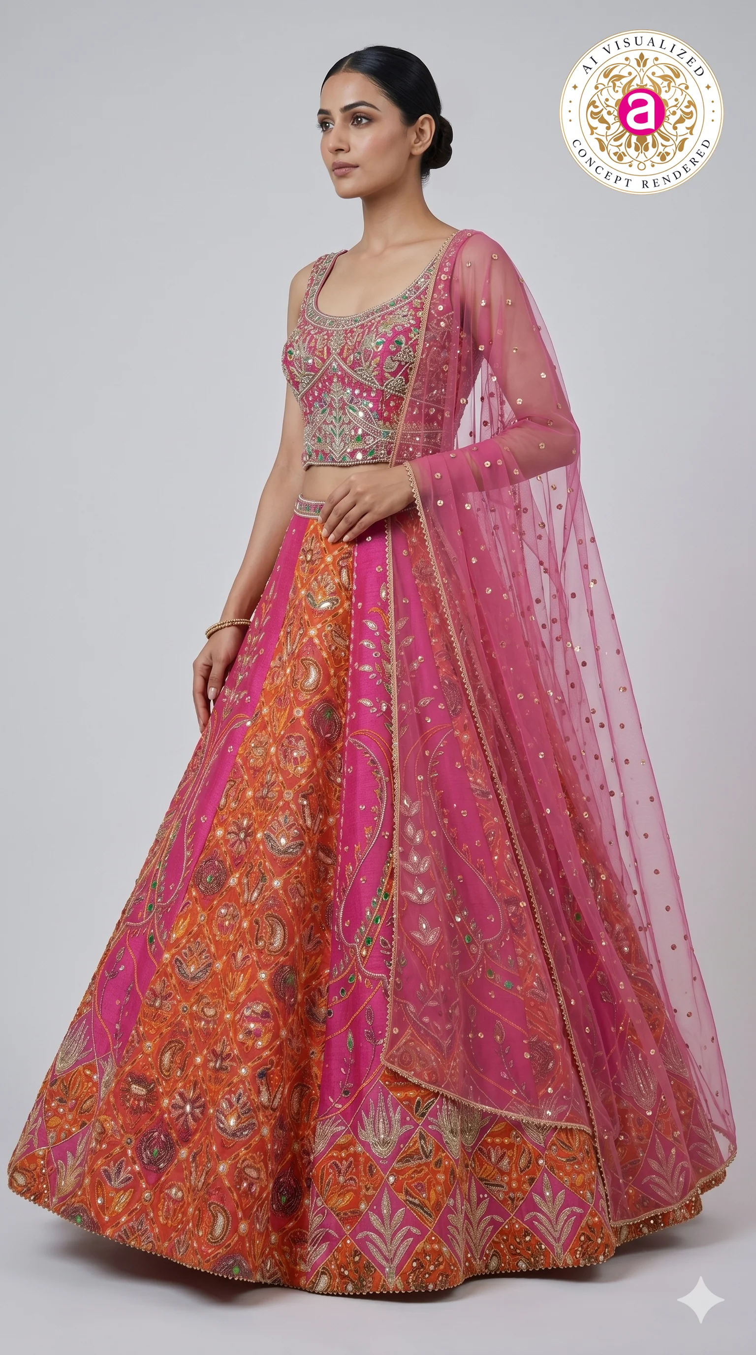 Rani Pink & Orange Embroidered Lehenga Set with Multicolor Blouse & Net Dupatta - Image 4