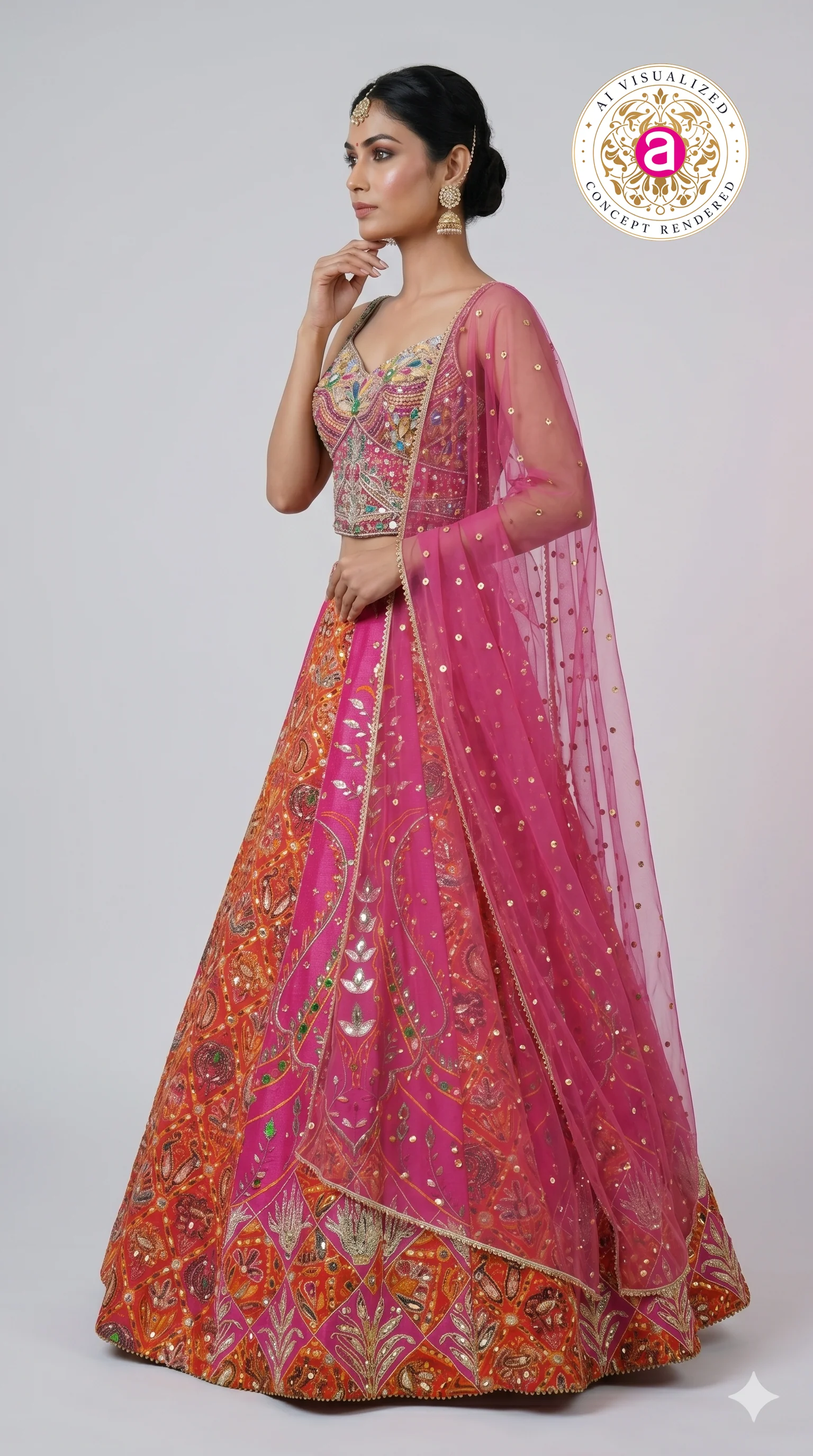 Rani Pink & Orange Embroidered Lehenga Set with Multicolor Blouse & Net Dupatta - Image 5