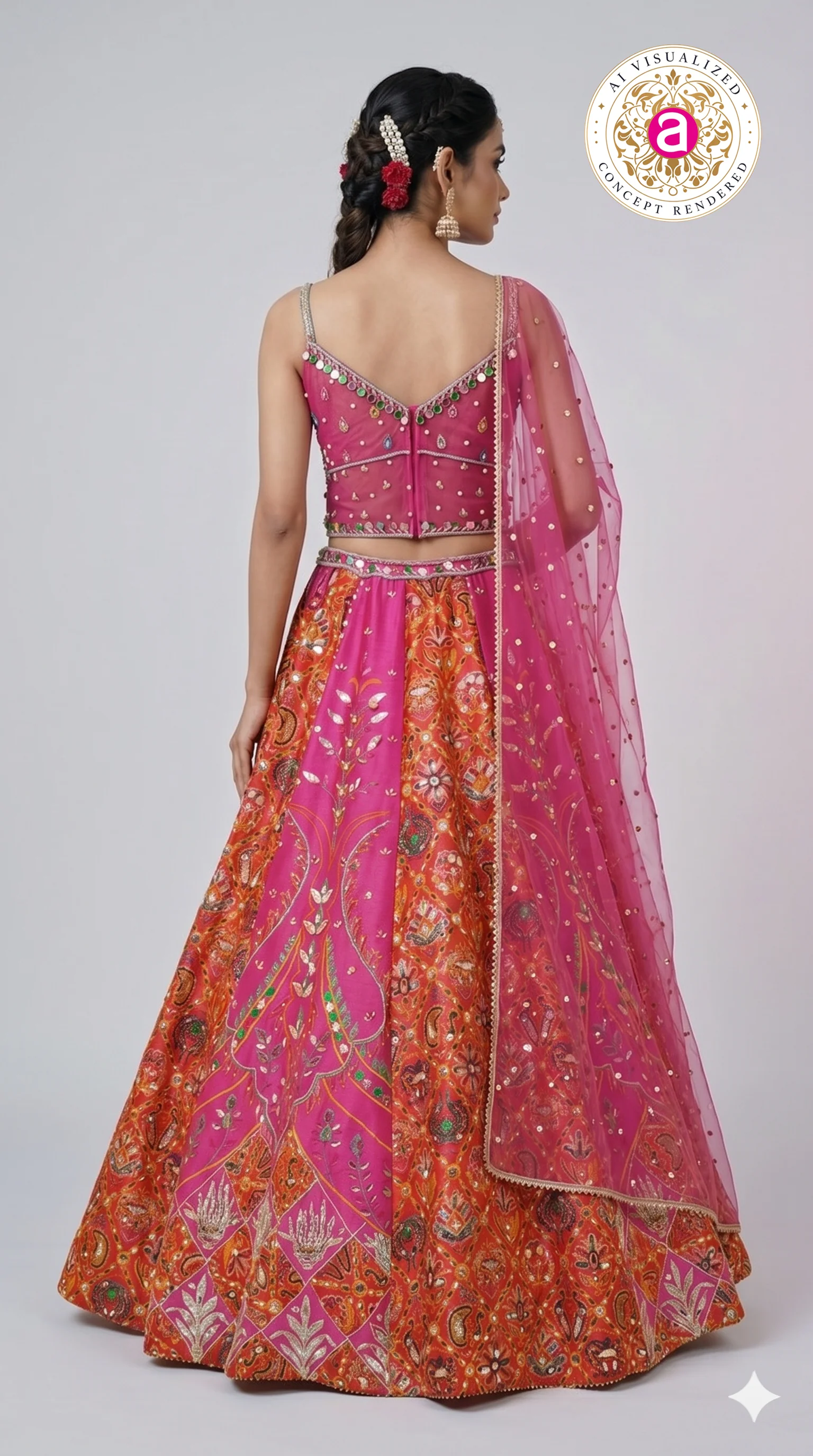 Rani Pink & Orange Embroidered Lehenga Set with Multicolor Blouse & Net Dupatta - Image 6