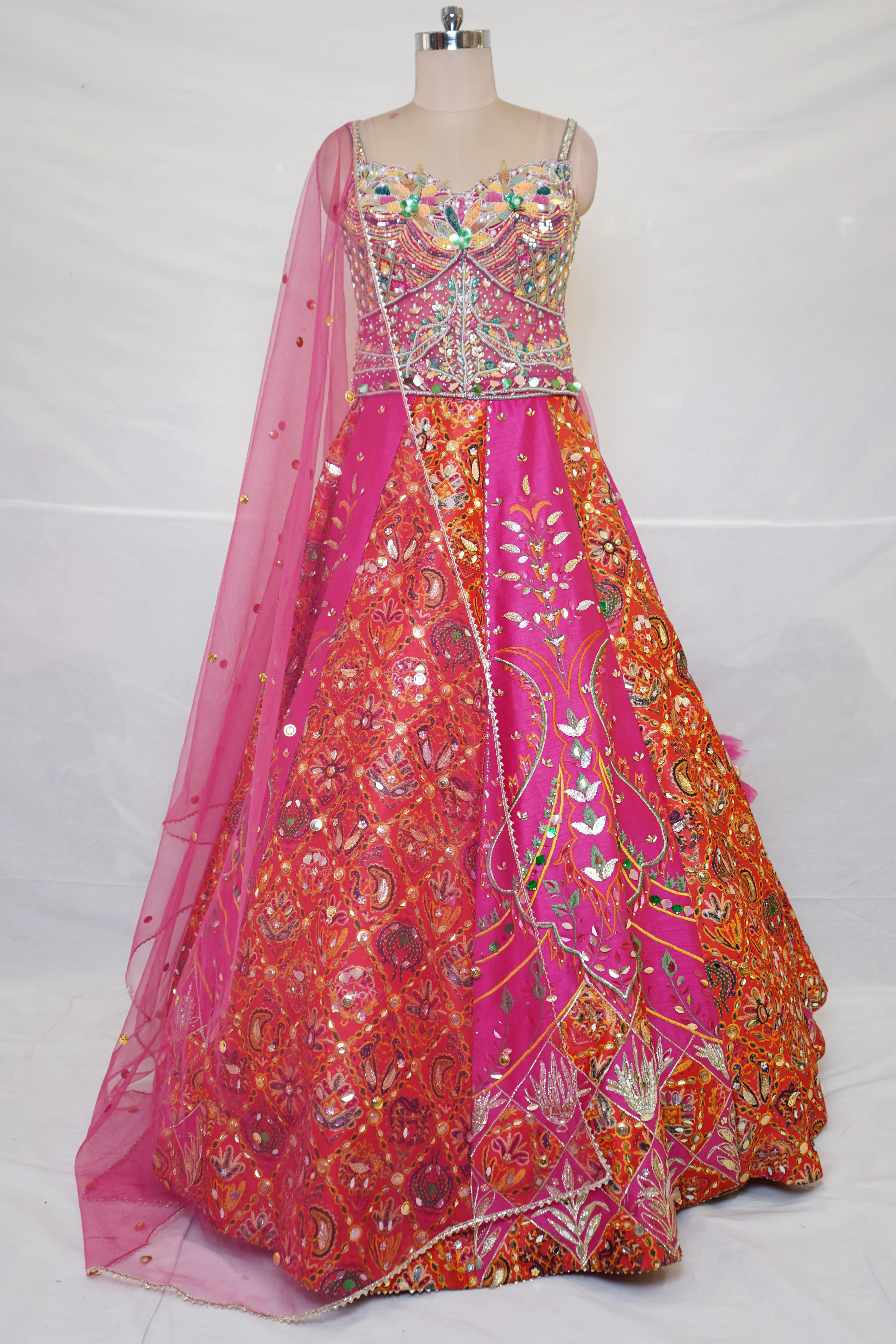 Rani Pink & Orange Embroidered Lehenga Set with Multicolor Blouse & Net Dupatta - Image 7