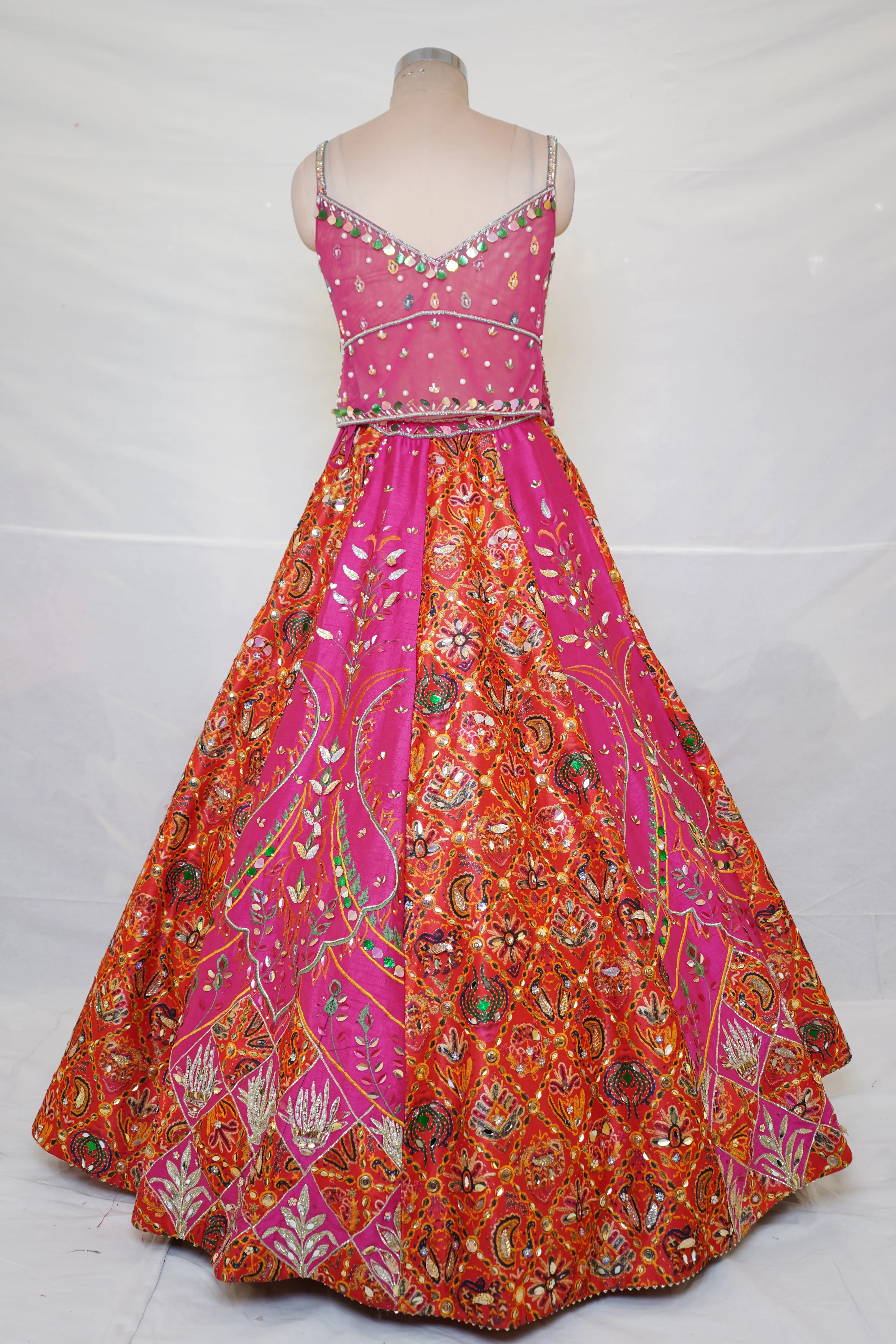 Rani Pink & Orange Embroidered Lehenga Set with Multicolor Blouse & Net Dupatta - Image 8