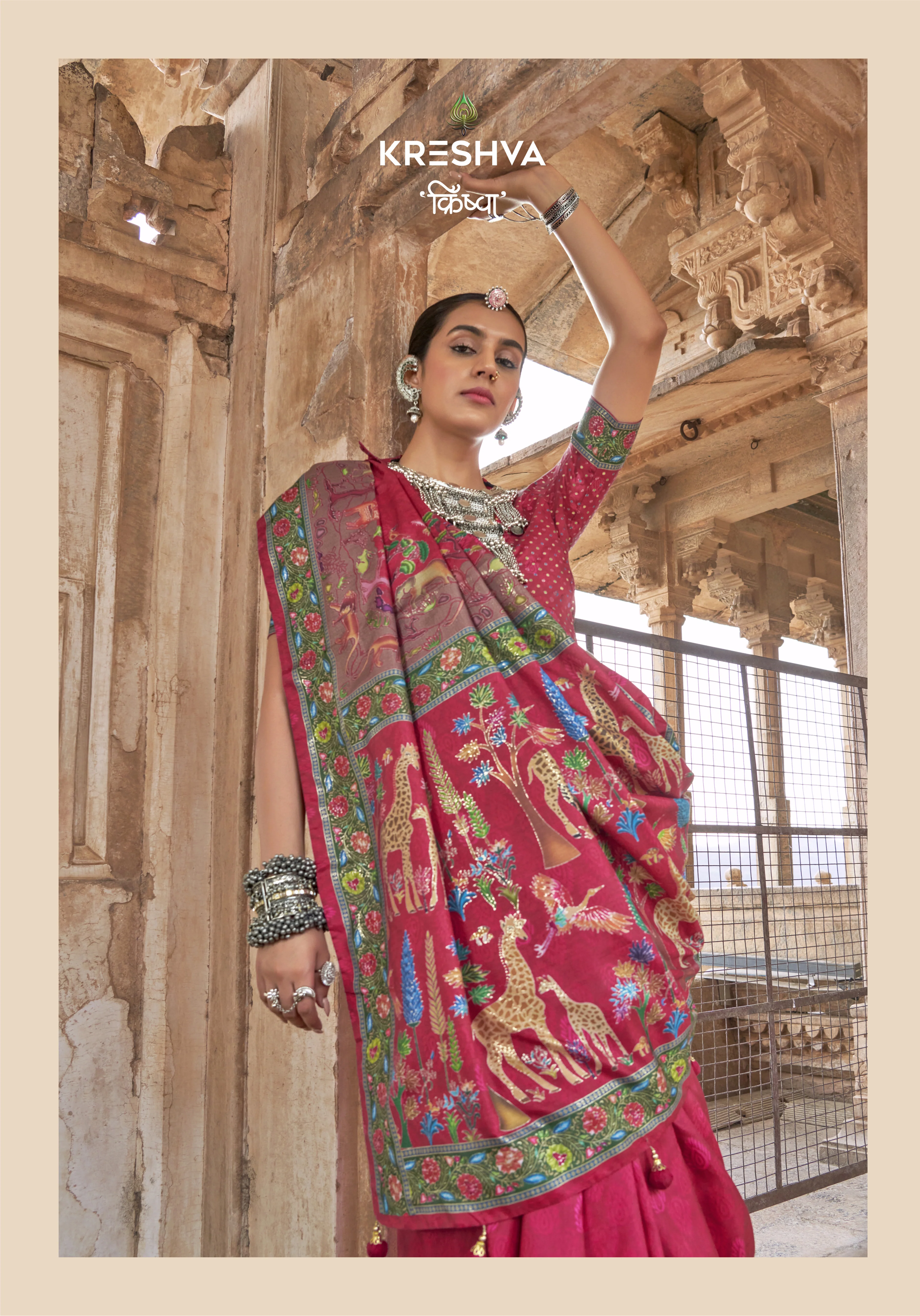 Rani Pink Pashmina Inspired Designer Saree with Heritage Animal Border - Image 2