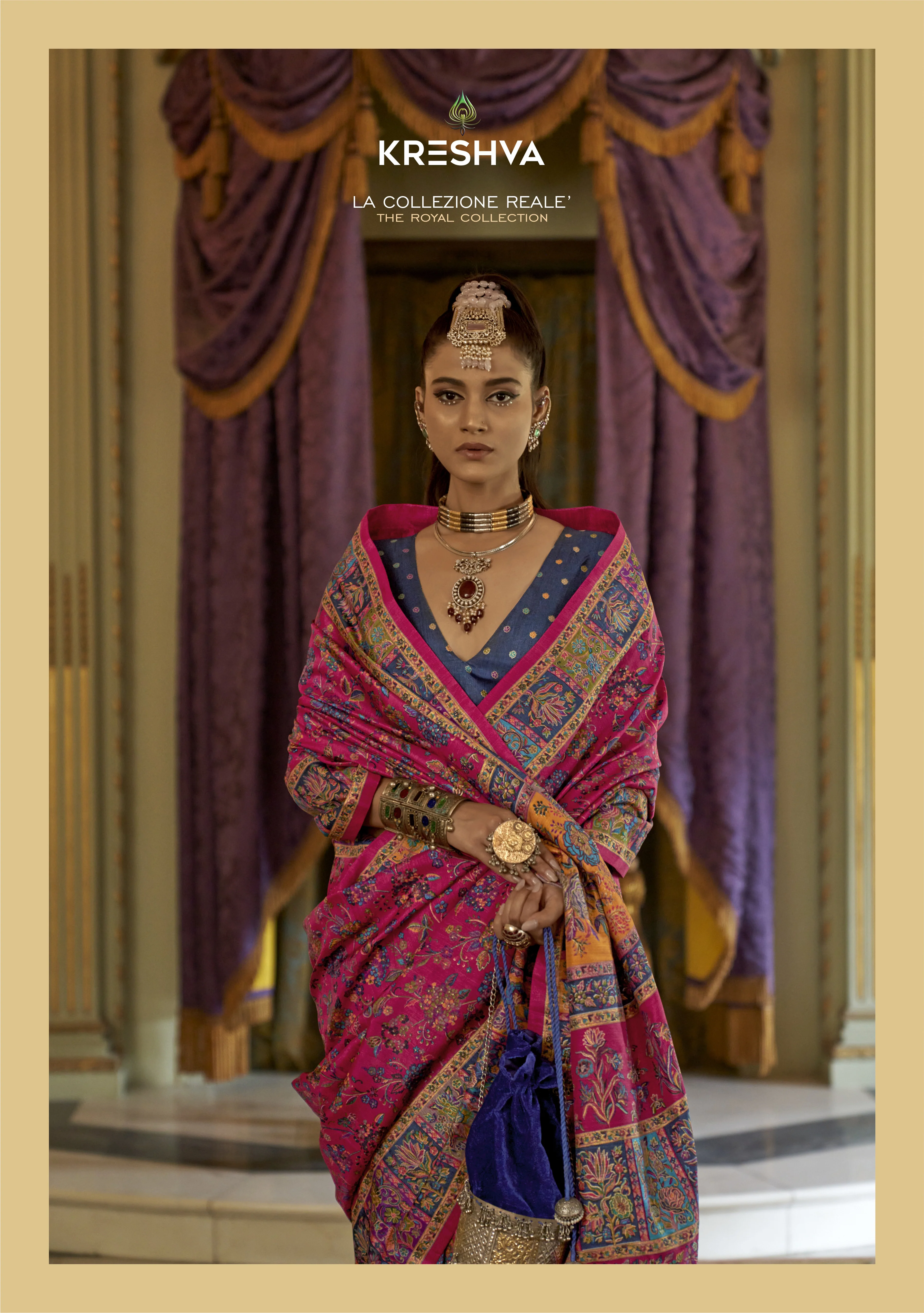 Rani Pink Pashmina Inspired Heritage Print Saree with Navy Blue Blouse - Image 2