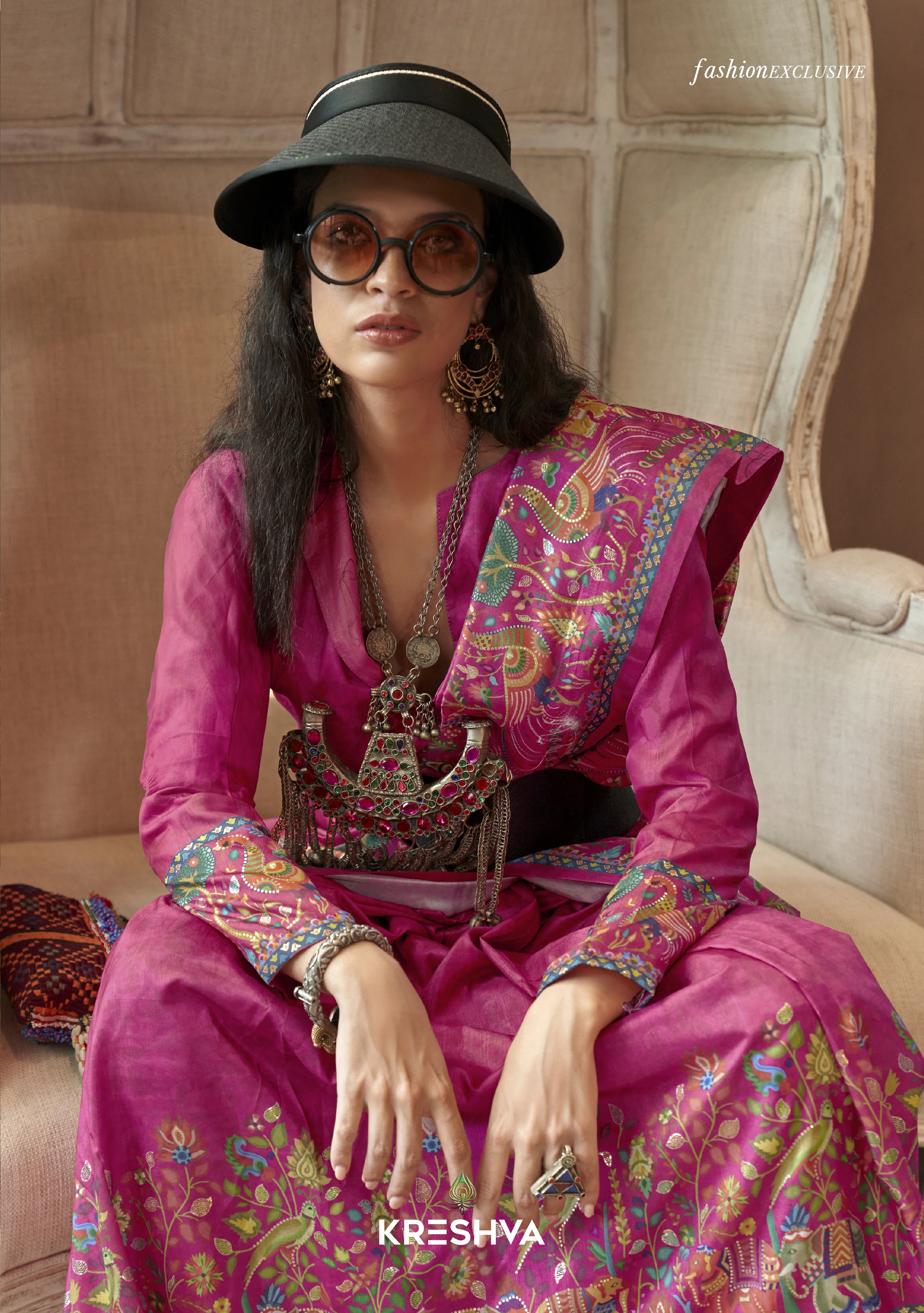 Rani Pink Pashmina Prints Inspired Designer Saree with Folk Motifs - Image 2
